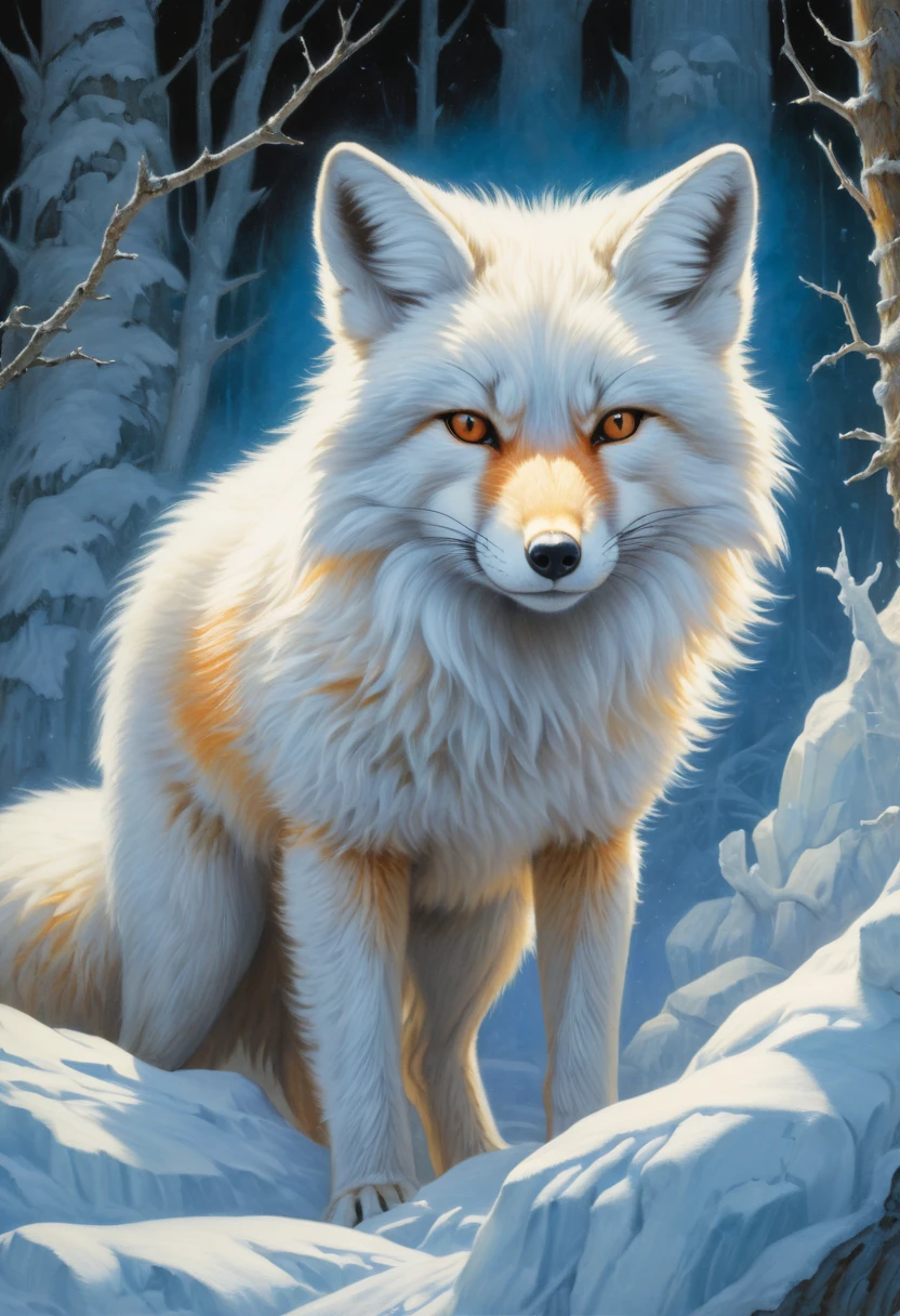 white fox by Eyvind Earle, arctic, best quality, masterpiece, Representative work, official art, Professional, Ultra intricate detailed, 8k
