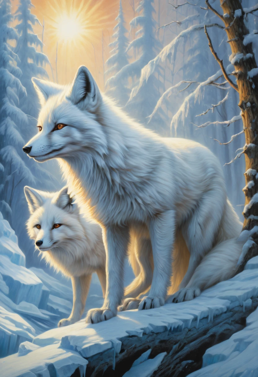 white fox by Eyvind Earle, arctic, best quality, masterpiece, Representative work, official art, Professional, Ultra intricate detailed, 8k