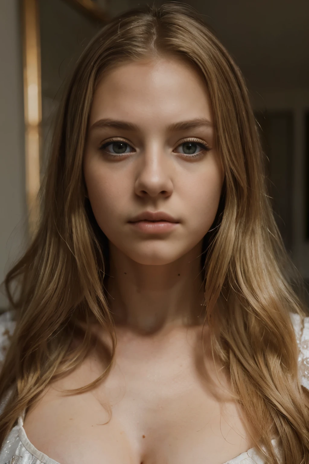 (best quality,8k,ultra-detailed,masterpiece:1.2),beautiful and aesthetic,hyperrealism,photography,portrait,beautiful girl, ager, grey eyes, long golden blonde hair, sad expression.