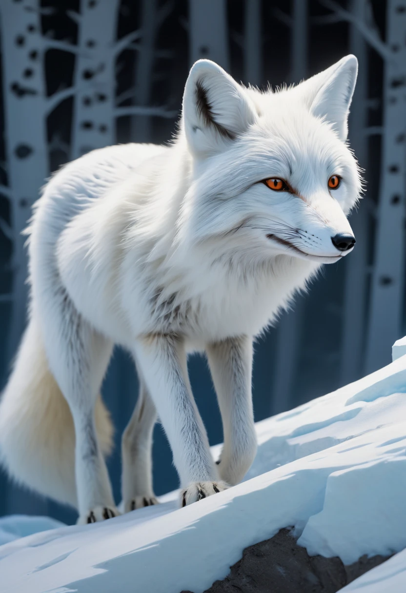 white fox by Eyvind Earle, arctic, best quality, masterpiece, Representative work, official art, Professional, Ultra intricate detailed, 8k