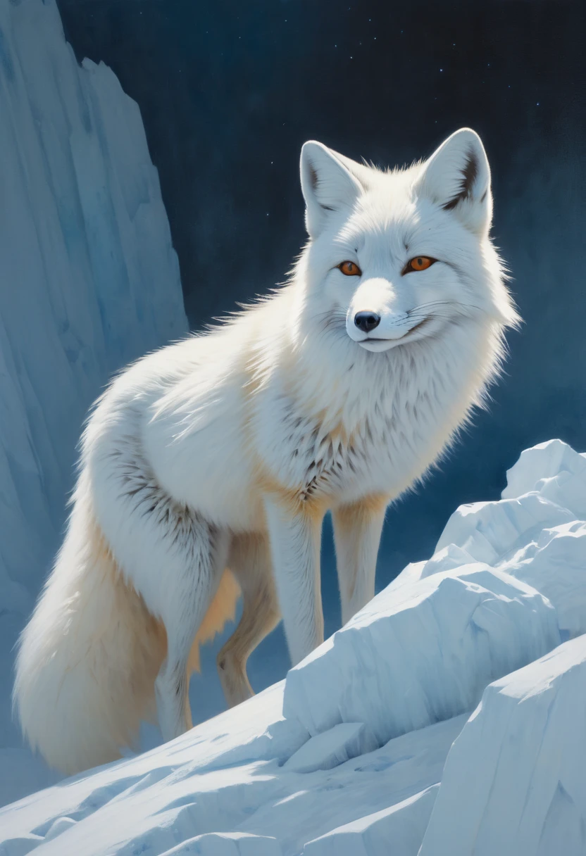white fox by Eyvind Earle, arctic, best quality, masterpiece, Representative work, official art, Professional, Ultra intricate detailed, 8k