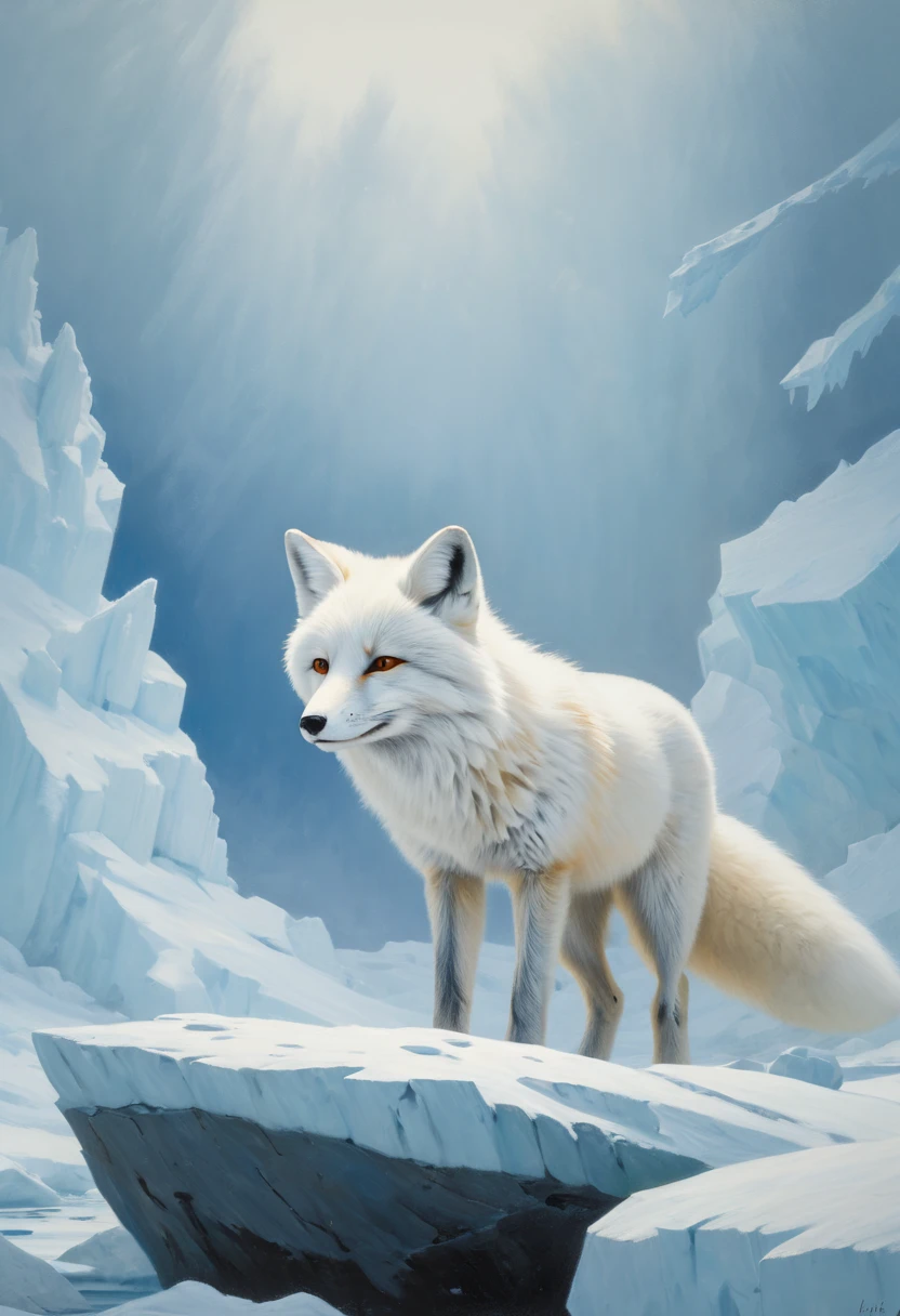 white fox by Eyvind Earle, arctic, best quality, masterpiece, Representative work, official art, Professional, Ultra intricate detailed, 8k