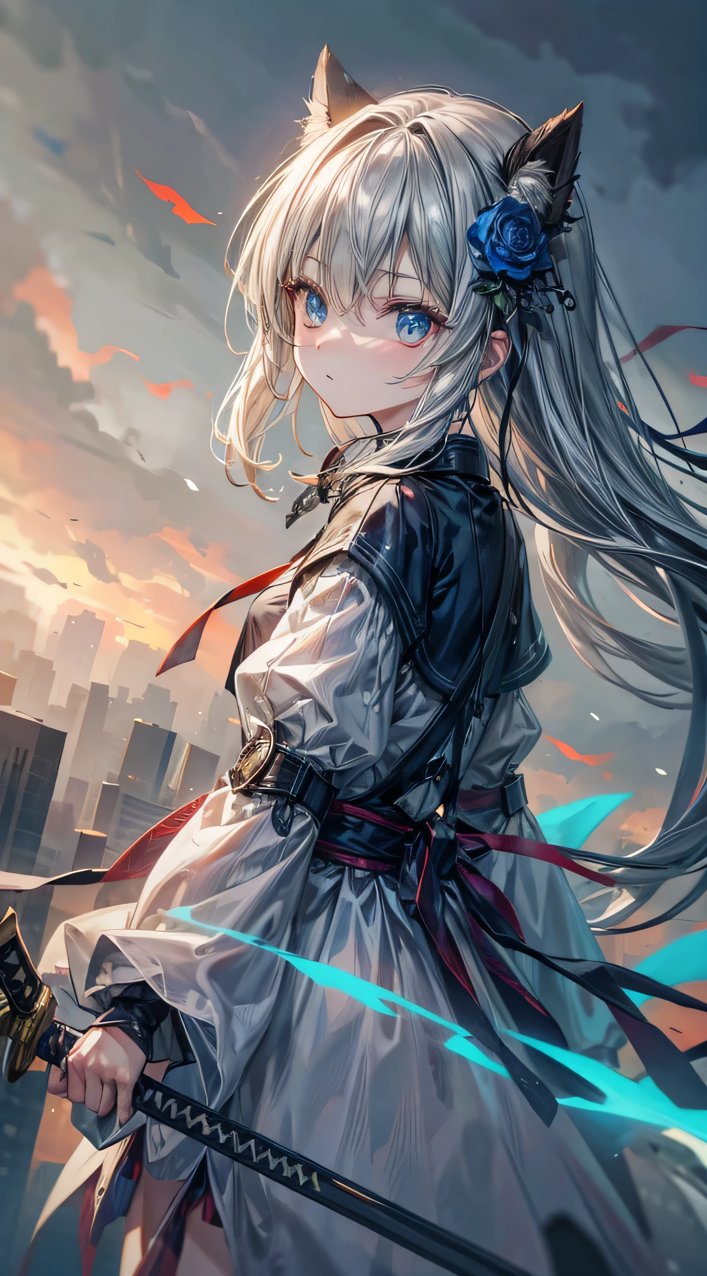 Best quality, ultra sharpener, ultra detail, masterpiece, 8K, sky, flame, blue aura, yellow aura, standing in top water, 1girl, young girl, shiroko model, long hair, grey hair, floating hair, blue flower hair ornaments, deep blue eyes, beautiful eyes, white T - shirt, flame surrounding hands, katana