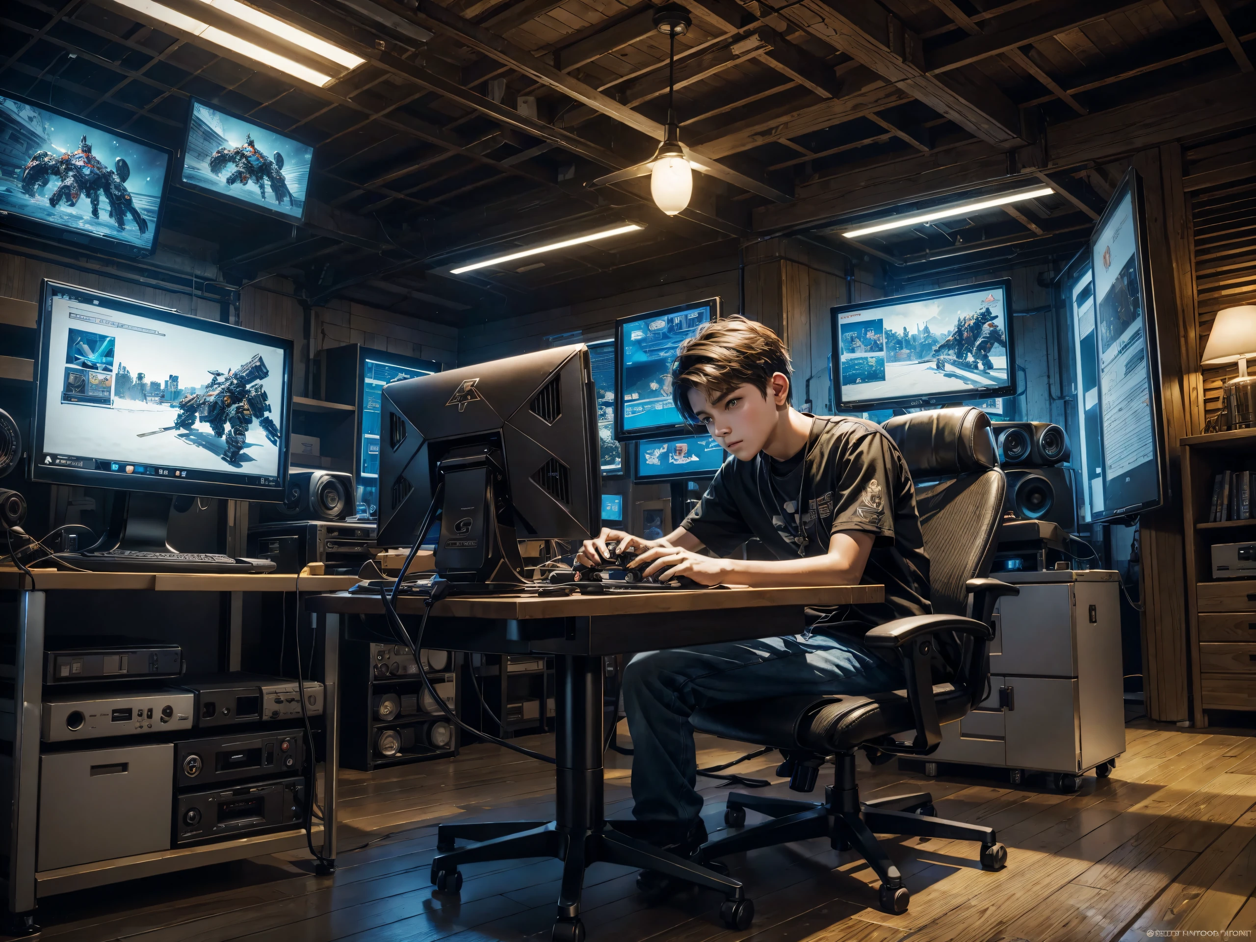 (((1 beautiful boy playing video games on a state of the art PC, jugador, in a room with many minicraft character decorations.))) ,claro, 32K high resolution image. The image must be super original and complex., con una variedad de colores hermosos y vibrantes., Mejor calidad),