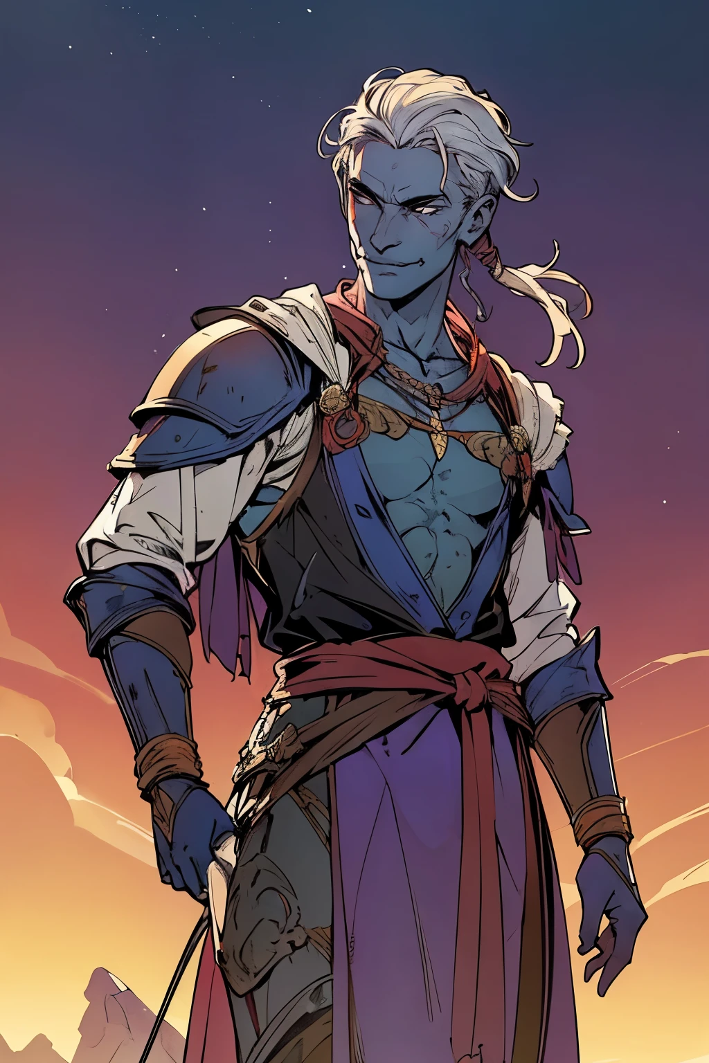 masterpiece:1.2, best quality, ultra detailed, absurdres, (action_shot), rugged older male, masculine, (blue_skin), archer, white_hair, shoulder length hair, 1male,male_focused, smile, elegant armor and purple_robes, bowman gear, warrior, in the style of Kentaro Miura, fantasy, SCI-FI, fire background,