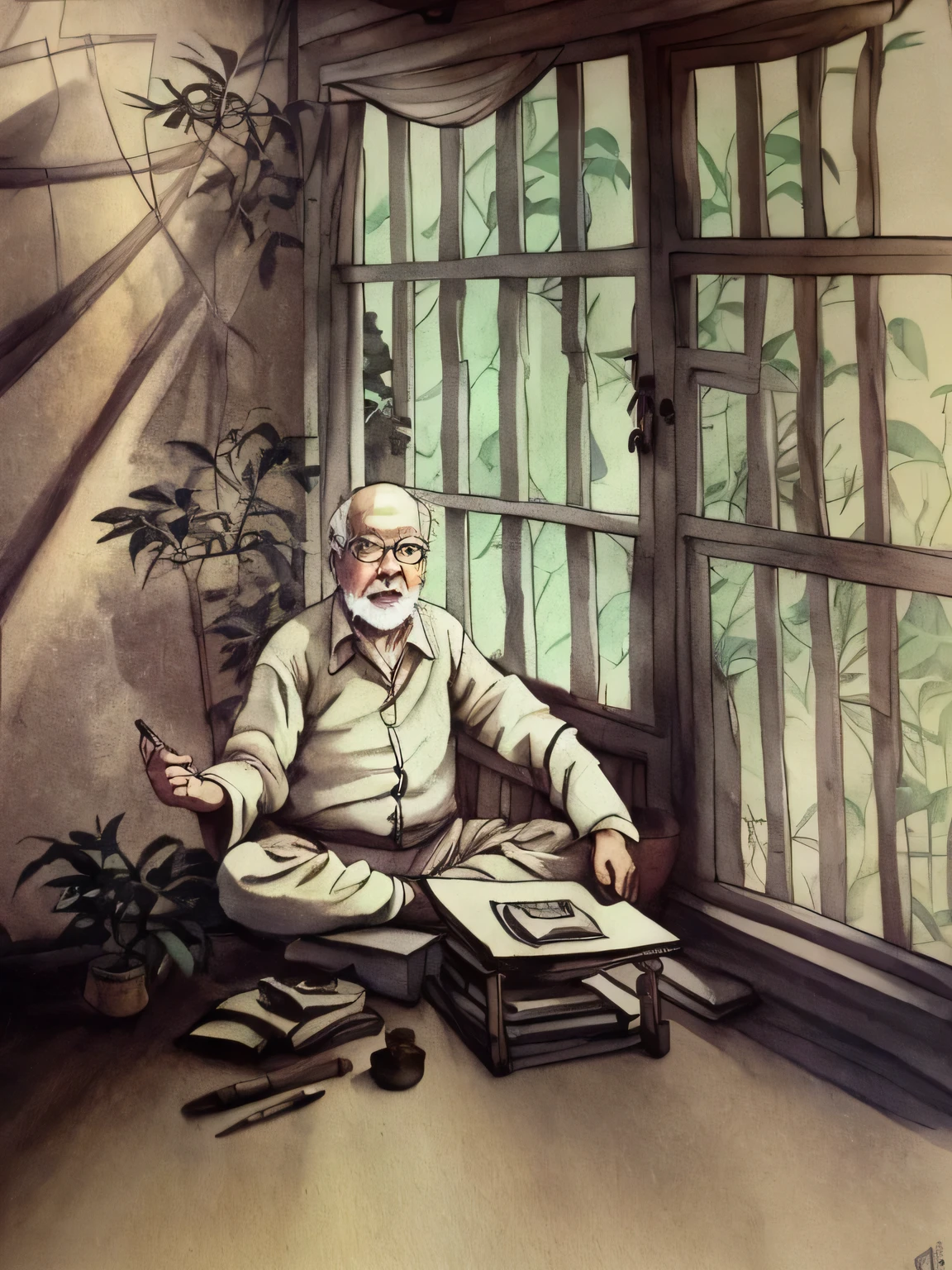 painting of a man sitting in a room with books and a plant,glassic, hayao miyazaki style, miyazaki style, inspired by Kōshirō Onchi, in style of hayao miyazaki, style of hayao miyazaki, inspired by Hayao Miyazaki, inspired by Takeuchi Seihō