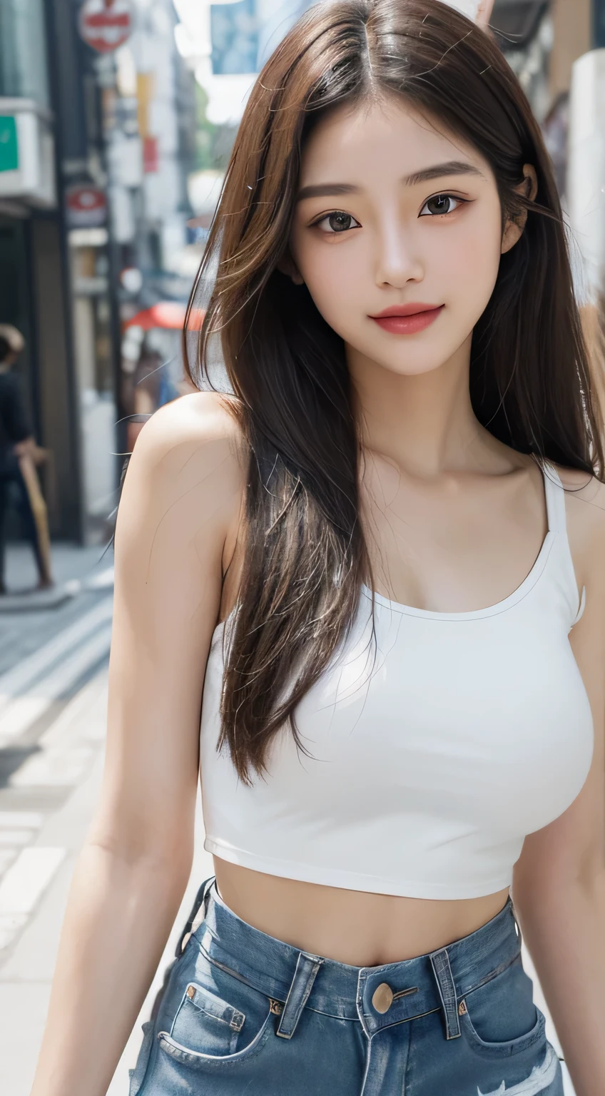  (The background is blurry), 1 girl, (19 years old, Korea 1 girl:1.2), alone, Beautiful girl from Korea, (white latex skin: 1.3), clean face, (slim body), (healthy body), attractive body, Abs, long neck, tall, (big bust:1.2), (Magic), straight hair, soft hair. flawless skin, shiny lips, narrow waist and wide pelvis, (sharp and small face), Round Eyeline, (Long and beautiful eyelashes), (Open your lips), ((beautiful face)), big eyes, double eyelid, flushing, red lips, fragile face, real skin, happy face, (Abs 11개), ((big bust)), apple butt, laugh, Cute face, long neck, narrow shoulders, laugh, (((white short sleeveless:tight ripped jeans) ))), red sneakers, (dynamic pose), Getting on foot, (Jam-sil, seoul, busy street), 