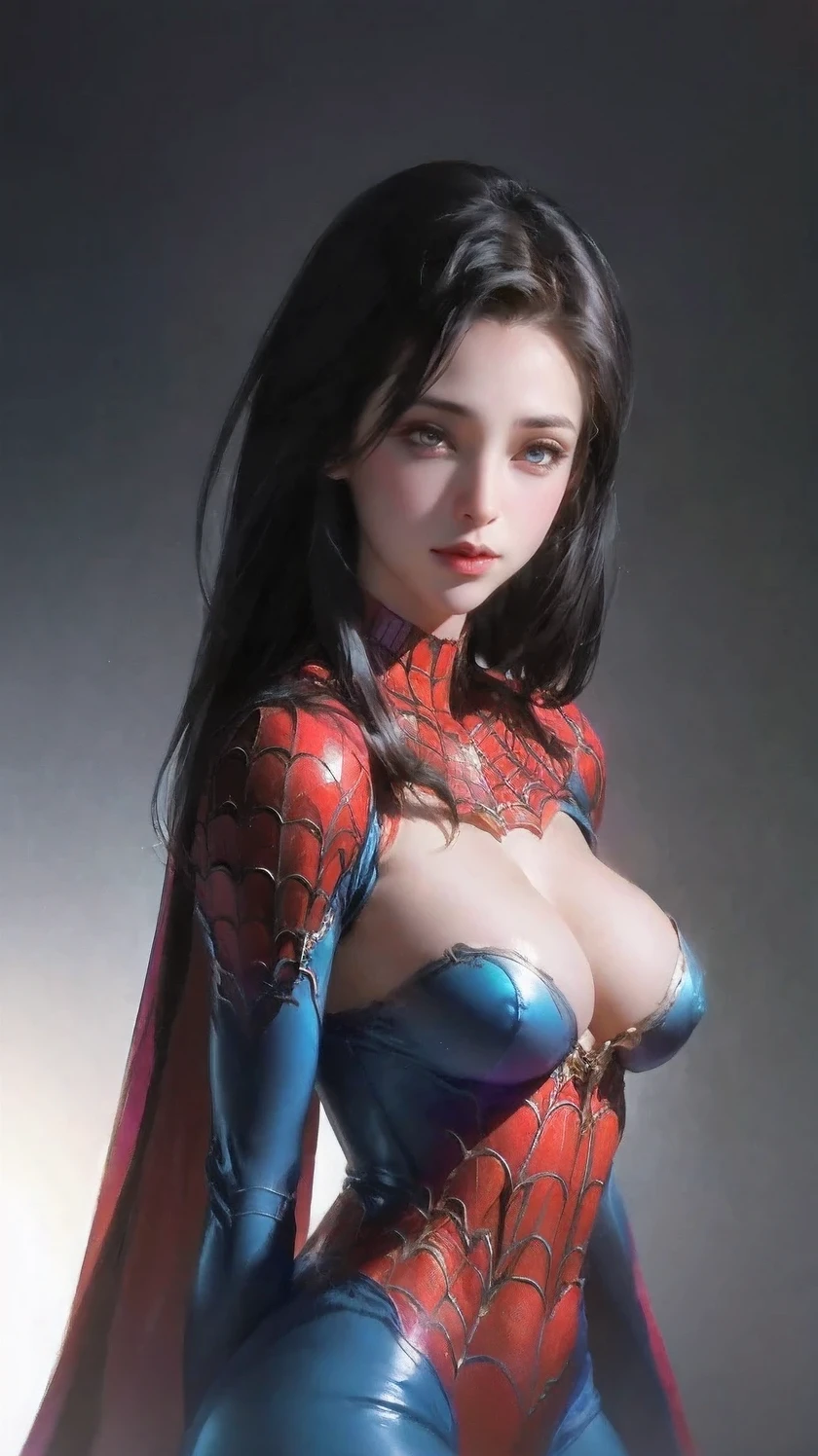 1girll, Solo,cowboy shot,[(Gradient background:1.5):0.8],simple background,Spider Man costume dress,Big breasts,