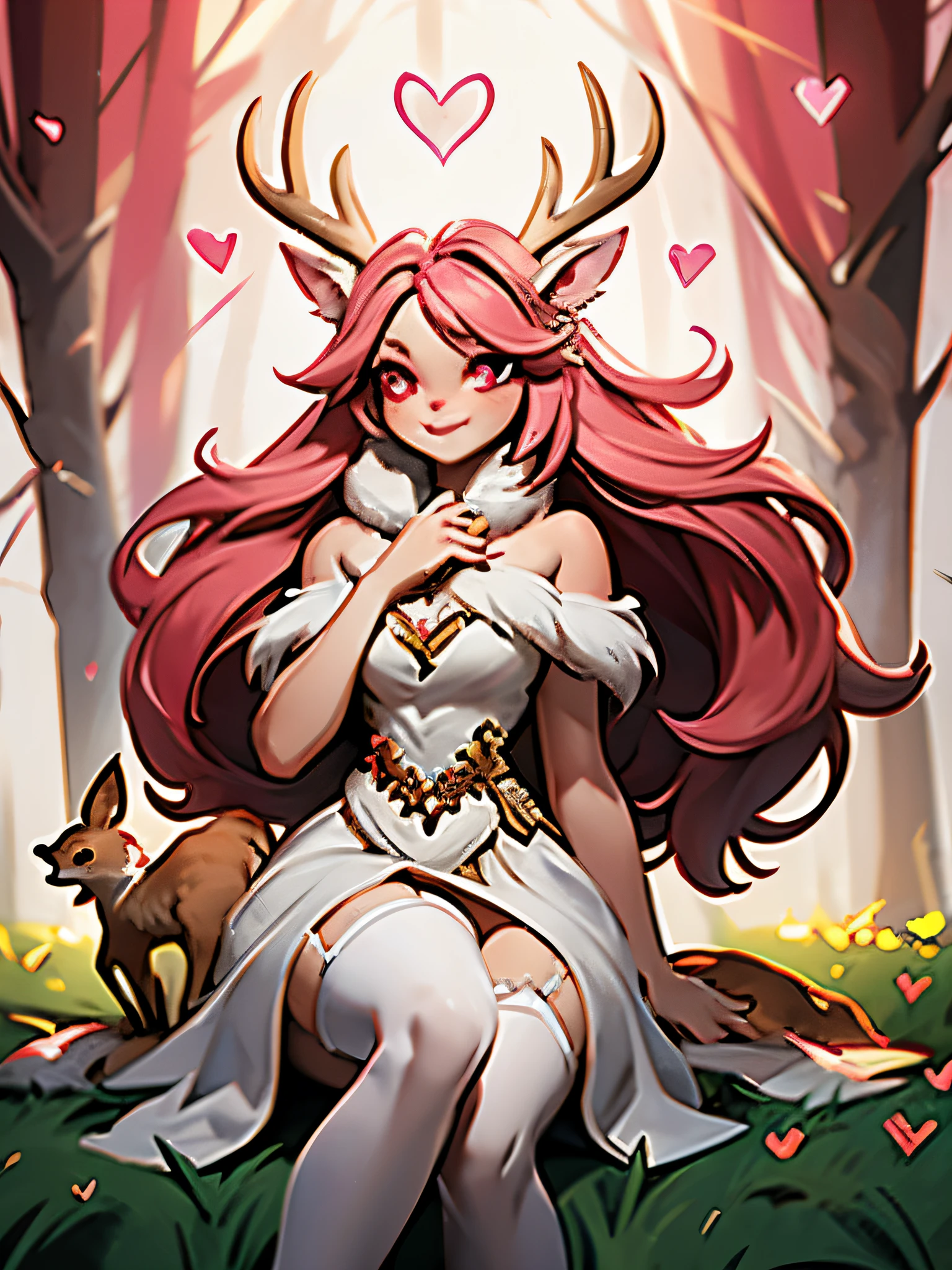 Super cute little deer,The white and brow fur, is fluffy and cute,Green element embellishment,The face is cute and flawless,Wearing a lovely heart dress, high red heels, white stockings,Lights are intertwined with shadows,Creates a beautiful atmosphere,Ambient lighting illuminates the surroundings,The fur details are extremely exquisite,The volumetric light effect is full of sense,The image of the deer is getting more and more lively.
She has long pink hair, pink heart eyes.
Deer ears.