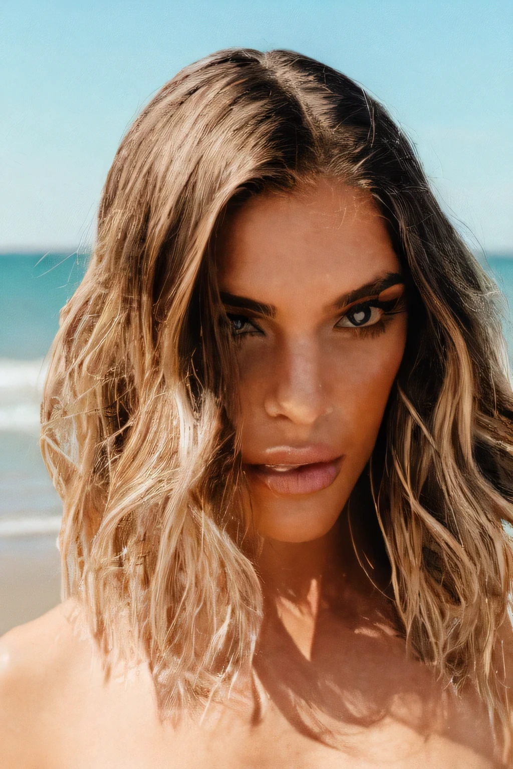 Portrait of a blonde girl with beach waves and blonde hair
