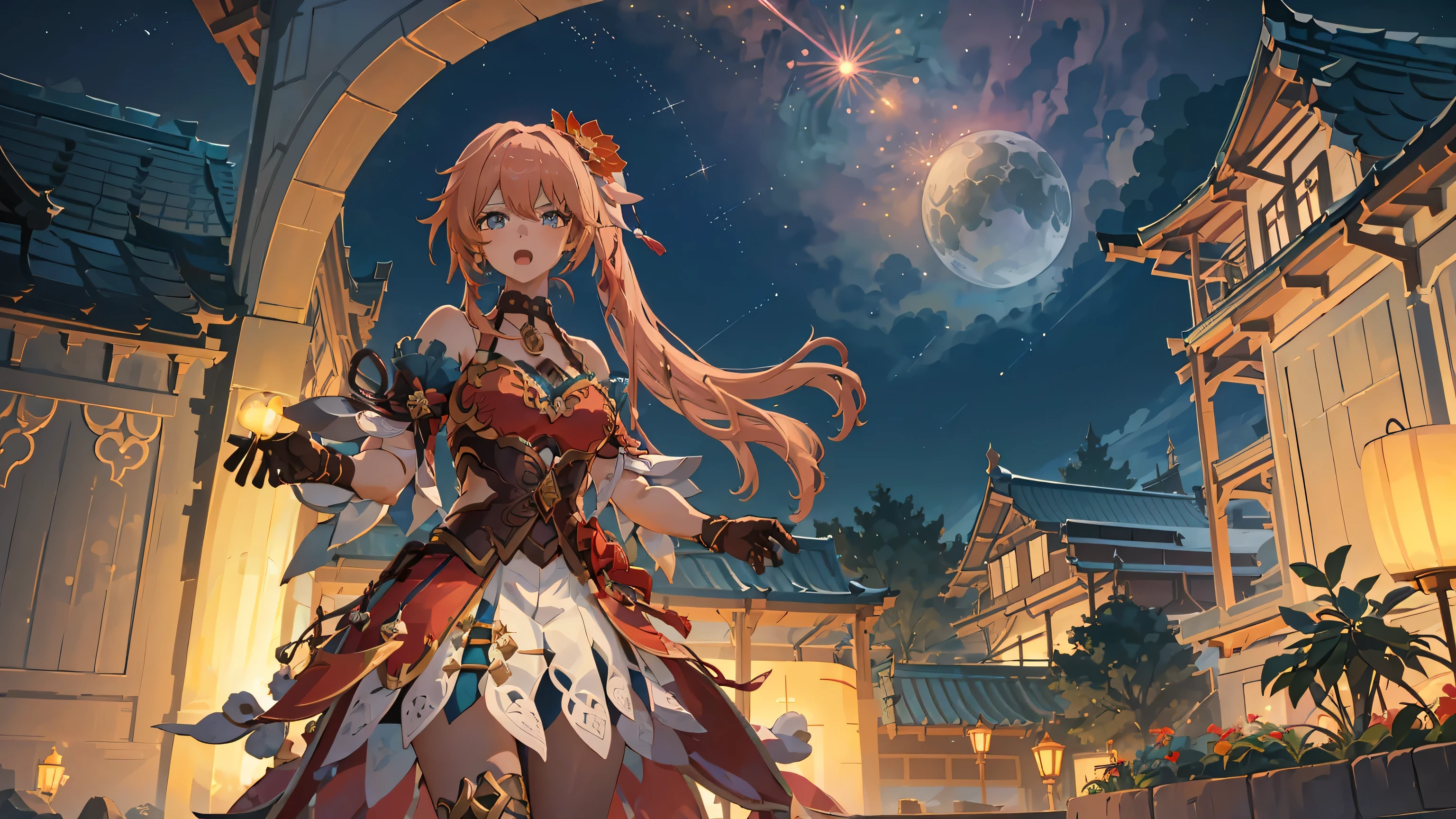 (best quality, high resolution, textured skin, high quality, high detail,Extremely detailed CG unification), teenage girl，having fun，(Heavenly Maxi and Ballgown Combinations)，pink hair，blue eyes，(Fabric headdresinimalism，multi-layered ruffles，lace，delicate embroidery，Beautiful pattern，Fabric headdress，dress nicely，sheer transparent clothes，Sparkling Light，Light，night，the only person，fluttering skirt，Exquisite and beautiful face，dynamic angle, honkai star rail, guinaifen