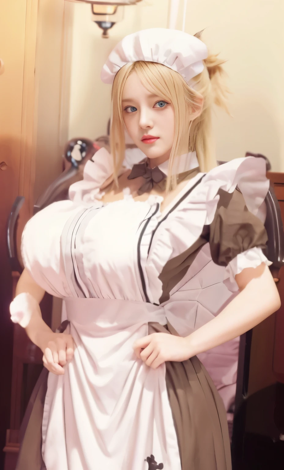 ((big breasts:1.2))、shooting from above、beautiful light up、platinum blonde hair color、dull bangs、off shoulder、sexy maid outfit、mini skirt with apron、((revealing clotheaid&#39;s frilly headband)、knee high socks、Fair skin、sexy pose、cafe terrace、cute smile、cool smile