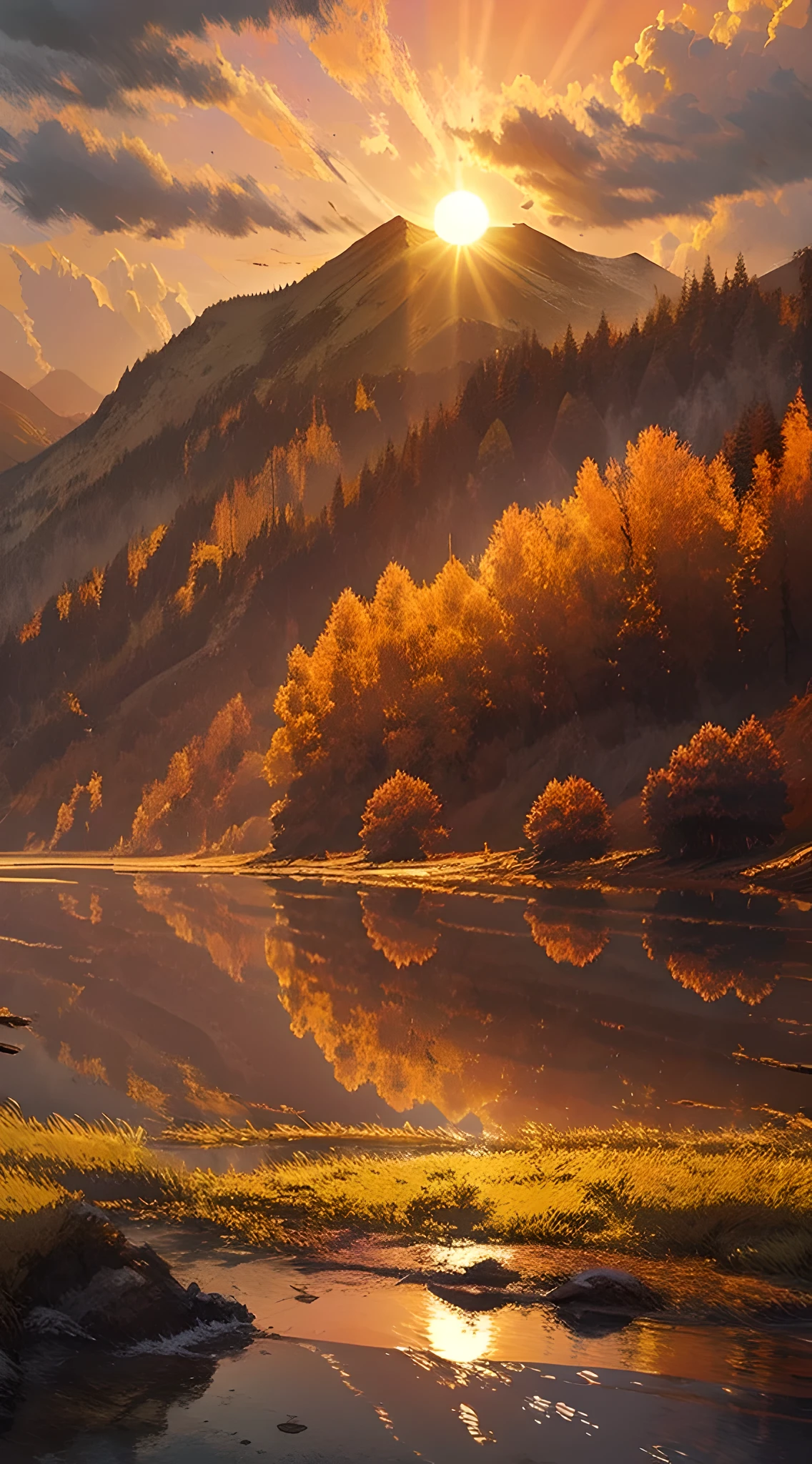 Dusk, river bank, colorful sky, orange sun, mountains, distant mountains, outline, beautiful scenery