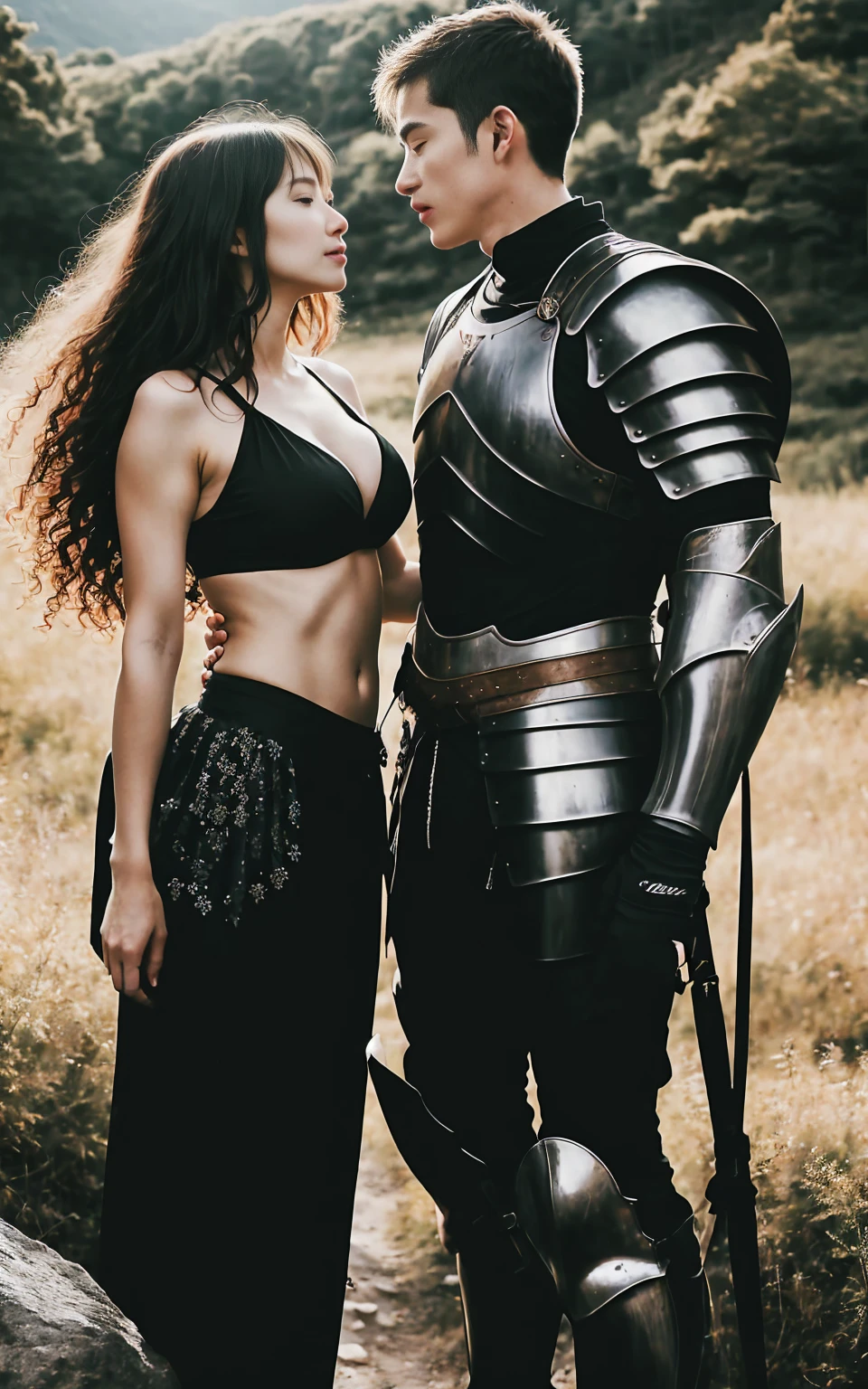 highly detailed ,8k , highest quality, (original photo:1.5),((male and female couple:1.3))、((standing:1.5))、(Boy kisses girl:1.2)、(boy in armor、muscular boy、abdominal muscles:1.6)、(The girl is wearing an armor、huge breasts、Long curly hair、Perfect body、slender legs、Sexy high heels:1.2)kiss,night, mountain forest,riverside,
