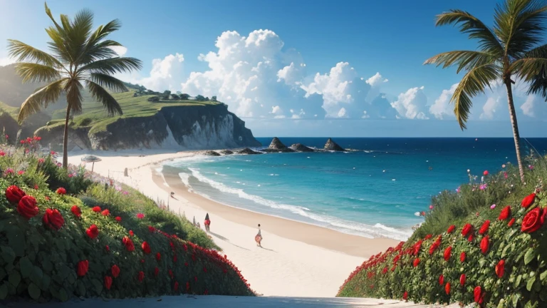 Creates an image of a beach landscape with Generates an image of a red rose, avec des pétales brillants et une tige épineusec des palmiers, une mer bleue et des nuages blancs.