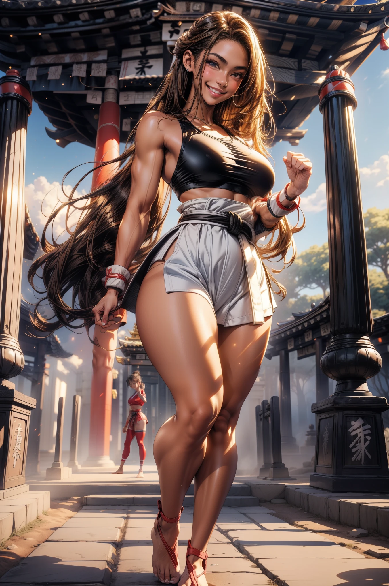 (best quality, masterpiece, ultra high resolution), (8k wallpaper, high-definition, HDR, RAW), (authenticity: 1.4), (full body shot), 1girl, ((Anime fighting girl)), ((tall)), ((thick muscular legs)), ((Pretty Anime Girl)), ((Karate outfit)), ((Brown eyes)), ((pale skin)), long blonde wavy hair, amazing athletic muscular body, female curves, huge breasts, large breasts, thick thighs, sexy flat tummy, perfect hands, ((wearing sexy outfit)), ((Tight clothes)), ((black karate belt)), bare foot, standing, ((Sexy smile)), ((Outside a small temple)), Blue mist, Natural illumination, sunlight illumination