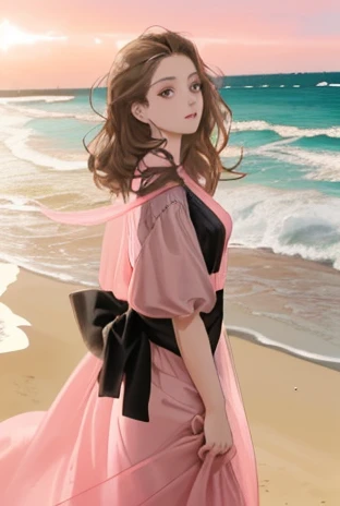 Beautiful woman standing on beach, about 20 years old, long light brown hair, pink dress, black sash,