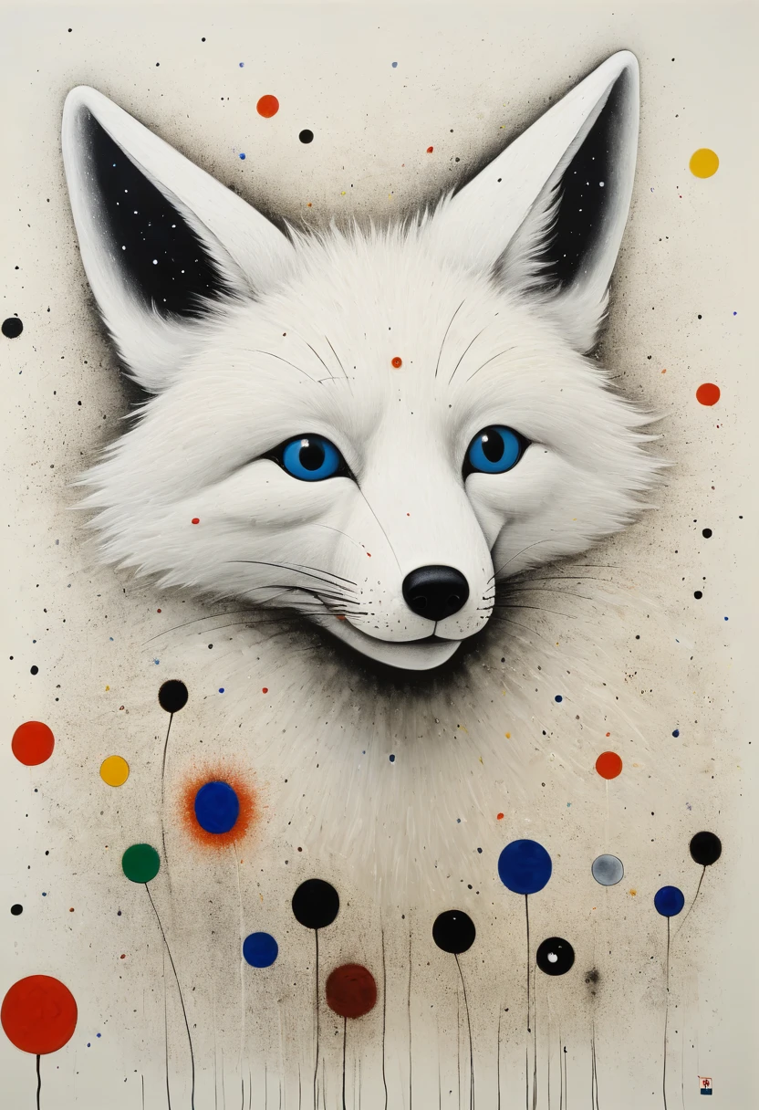 white fox by Joan Miro, arctic, best quality, masterpiece, Representative work, official art, Professional, Ultra intricate detailed, 8k