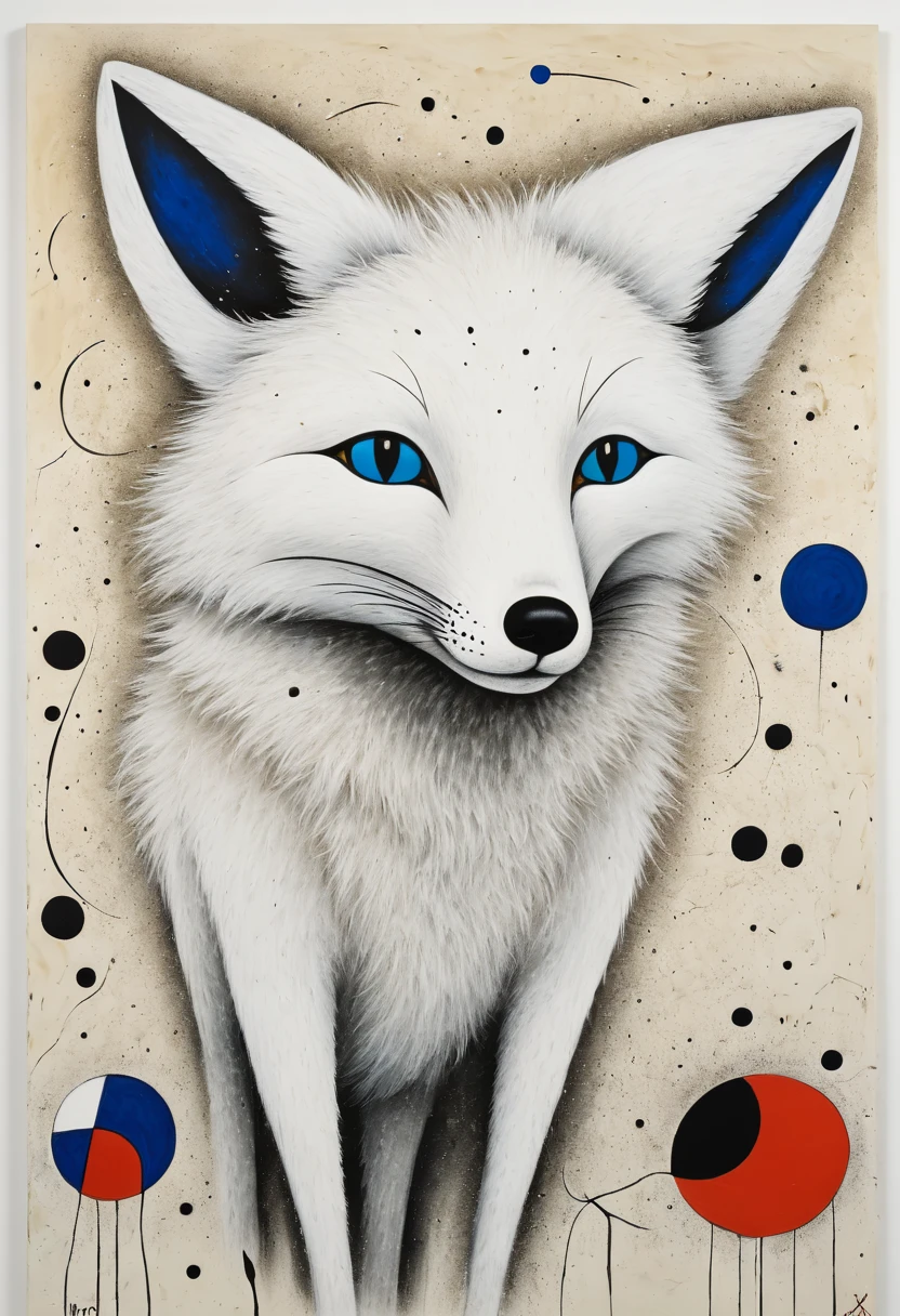 white fox by Joan Miro, arctic, best quality, masterpiece, Representative work, official art, Professional, Ultra intricate detailed, 8k