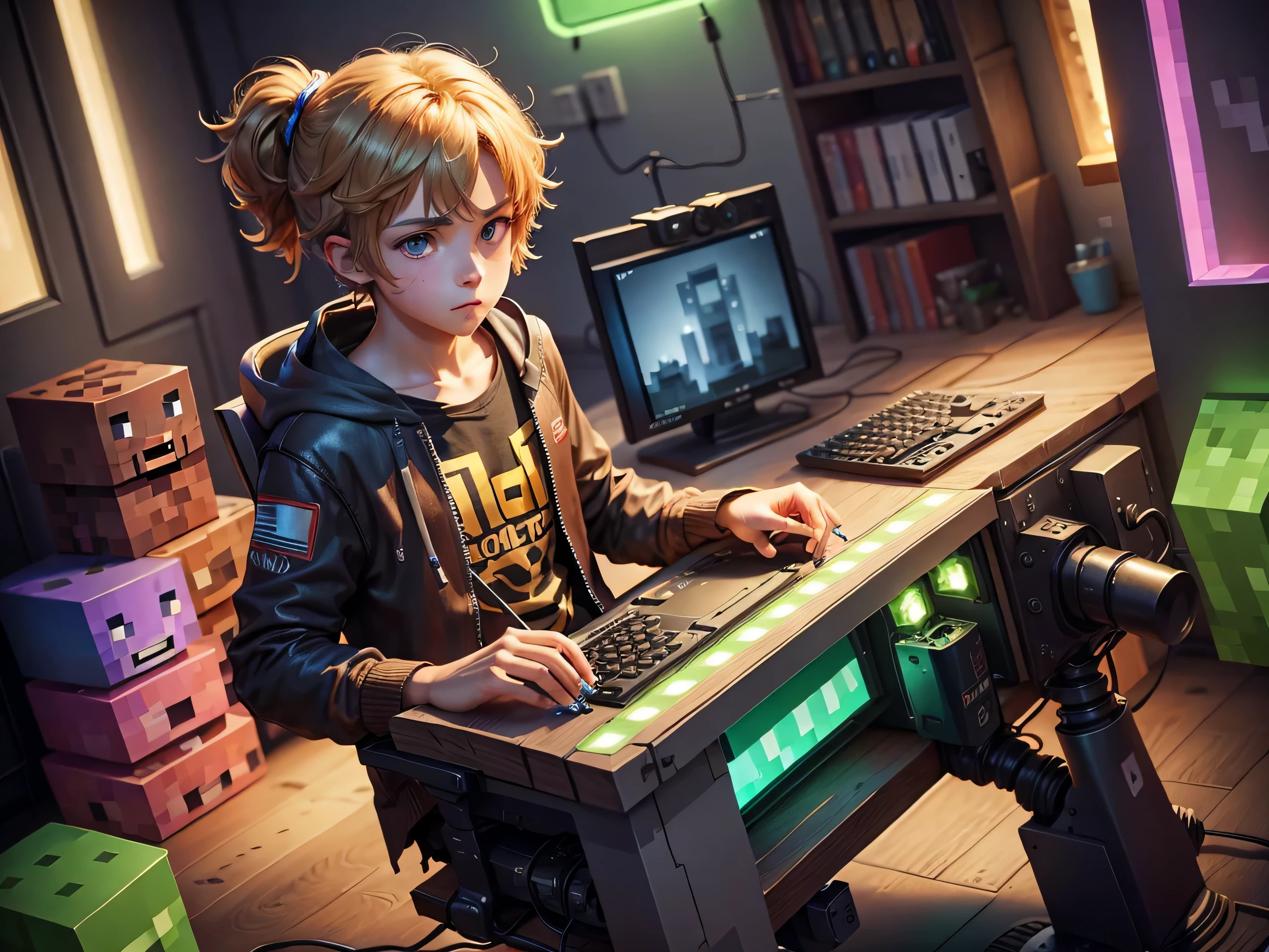 ((1 beautiful 14 year old boy playing video games on a state of the art PC;1,3)),(( jugador, in a room with many decorations, minicraft character dolls.:1.3, publicaciones que hacen minecraft))) ,claro, 32K high resolution image. The image must be super original and complex.., con una variedad de colores hermosos y vibrantes luces con letras de luces de neon colores vibrantes., Mejor calidad),