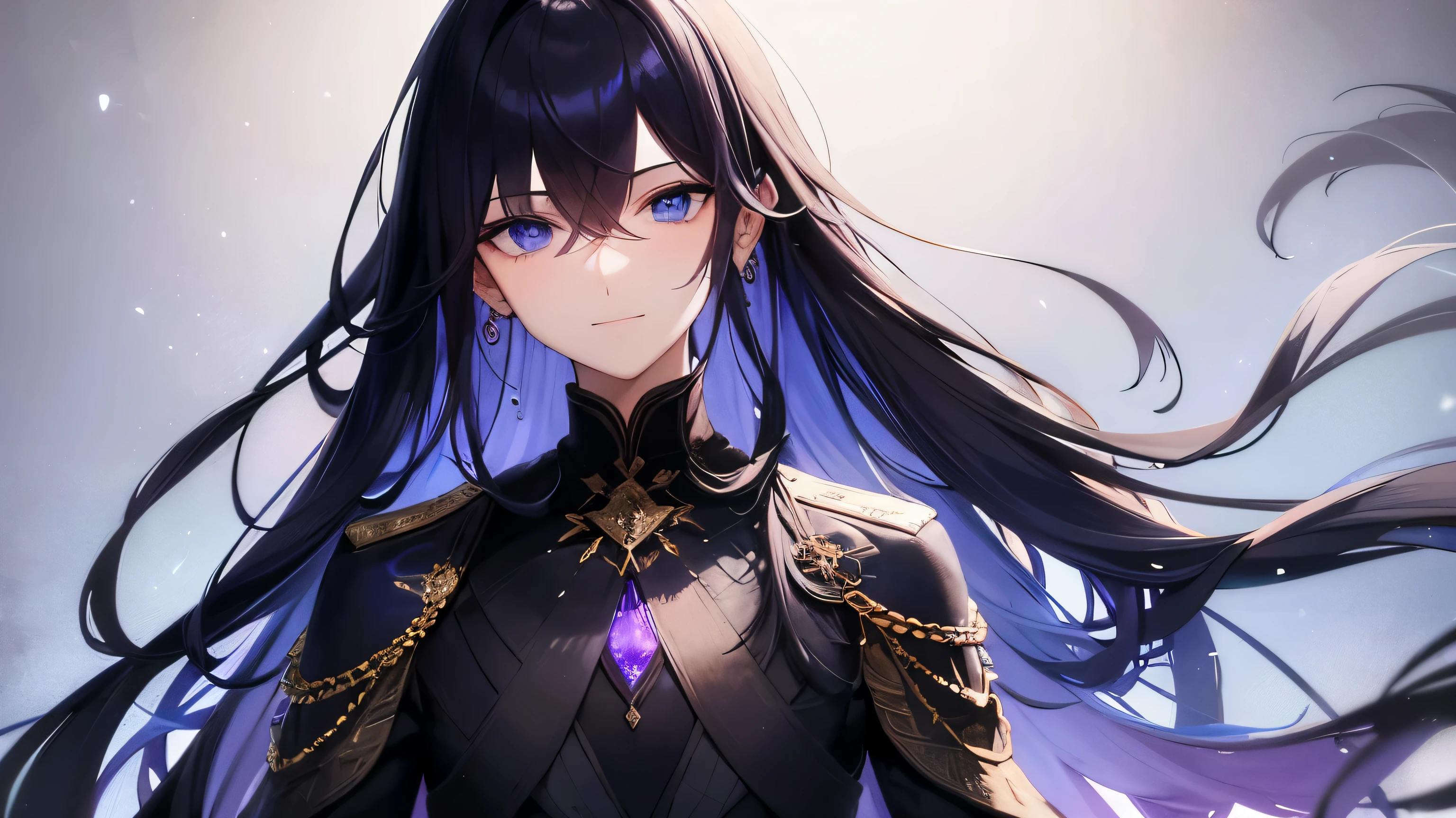 boy, beautiful facial features, soft, calm smile, fox dark blue eyes without glare, white and dark purple long hair, Fantasy black costume with blue and purple elements, A lot of silver jewelry, flowers in his hair