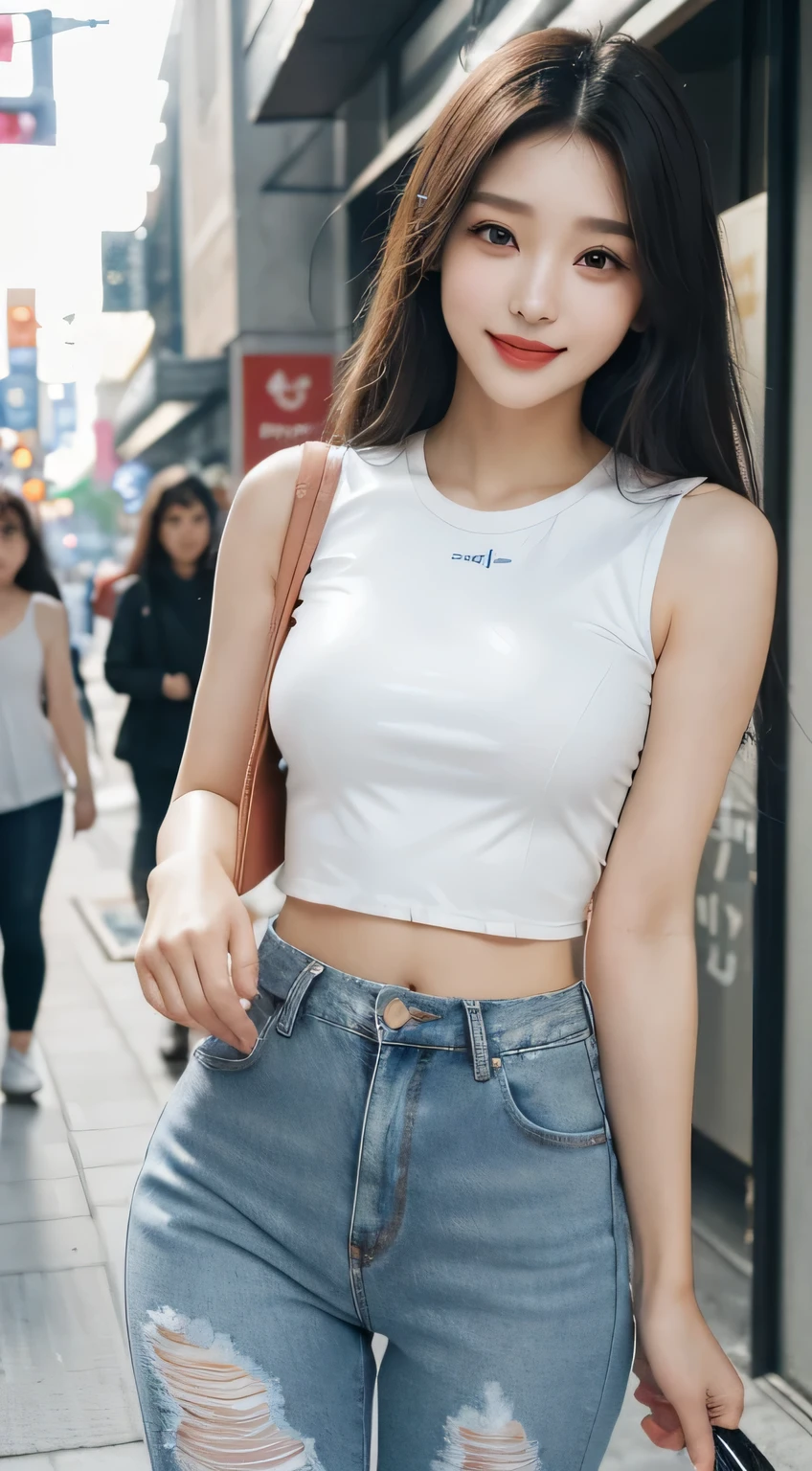  (The background is blurry), 1 girl, (19 years old, 한국 1 girl:1.2), alone, Beautiful girl from Korea, (white latex skin: 1.3), clean face, (slim body), (healthy body), attractive body, Abs, long neck, tall, (big bust:1.2), (Magic), straight hair, soft hair. flawless skin, shiny lips, narrow waist and wide pelvis, (sharp and small face), Round Eyeline, (Long and beautiful eyelashes), (Open your lips), ((beautiful face)), big eyes, double eyelid, flushing, red lips, fragile face, real skin, happy face, (11번 Abs), ((big bust)), apple butt, laugh, Cute face, long neck, narrow shoulders, laugh, (((white short sleeveless:tight ripped jeans) ))), red sneakers, (dynamic pose), Getting on foot, (Jam-sil, seoul, busy street), 