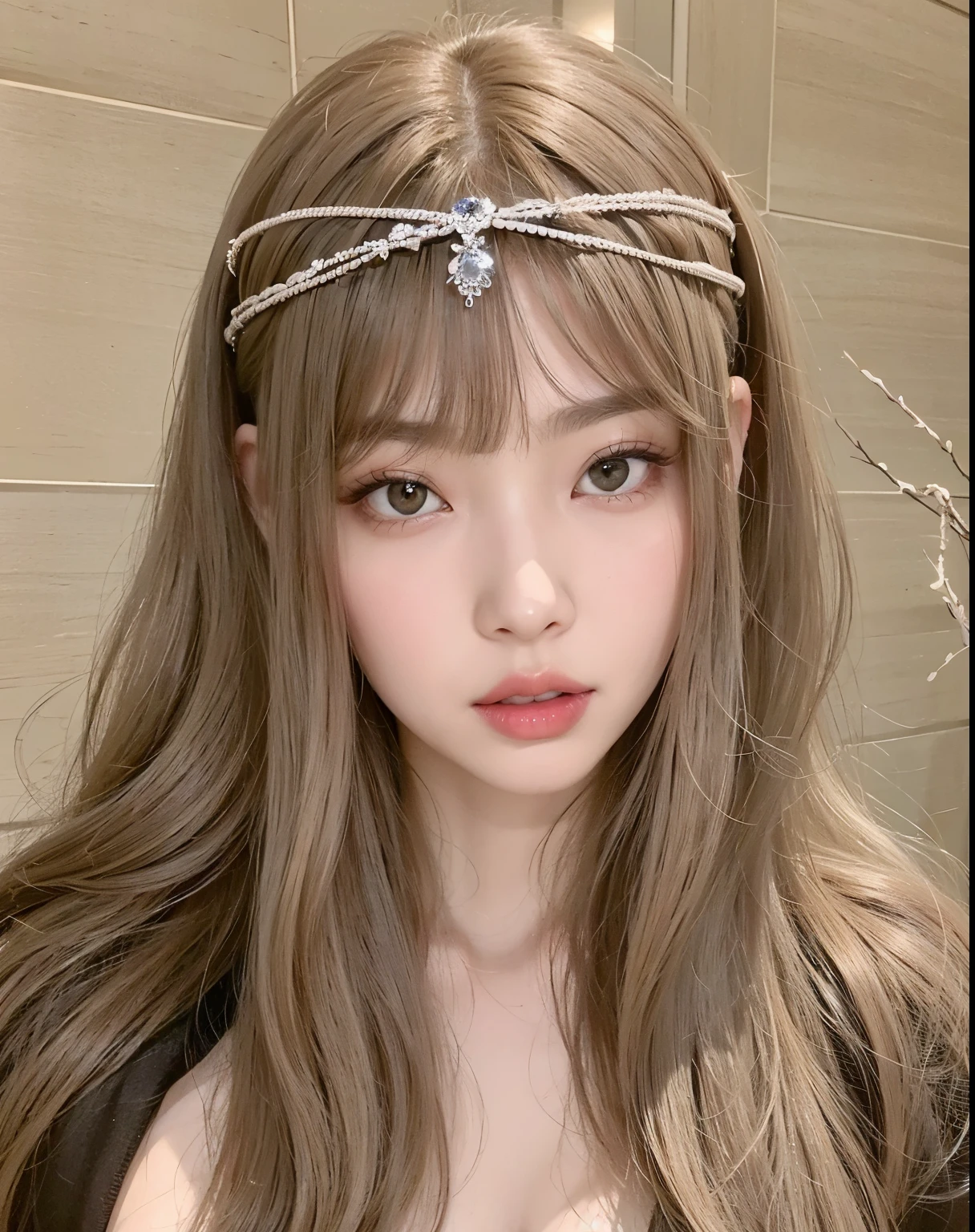 a close-up of a woman with long hair and a headband, cruel korean goth girl, Ulzzang, com cabelos longos e olhos penetrantes, cocar de bruxa negra, joias de testa, penteado com corte hime branco, com olhos assombrados e cabelos escuros, capacete de alta qualidade, tiara de fantasia ultra realista, corte de cabelo preto hime, pale gothic beauty, estilo de arte misterioso, o corte Hime