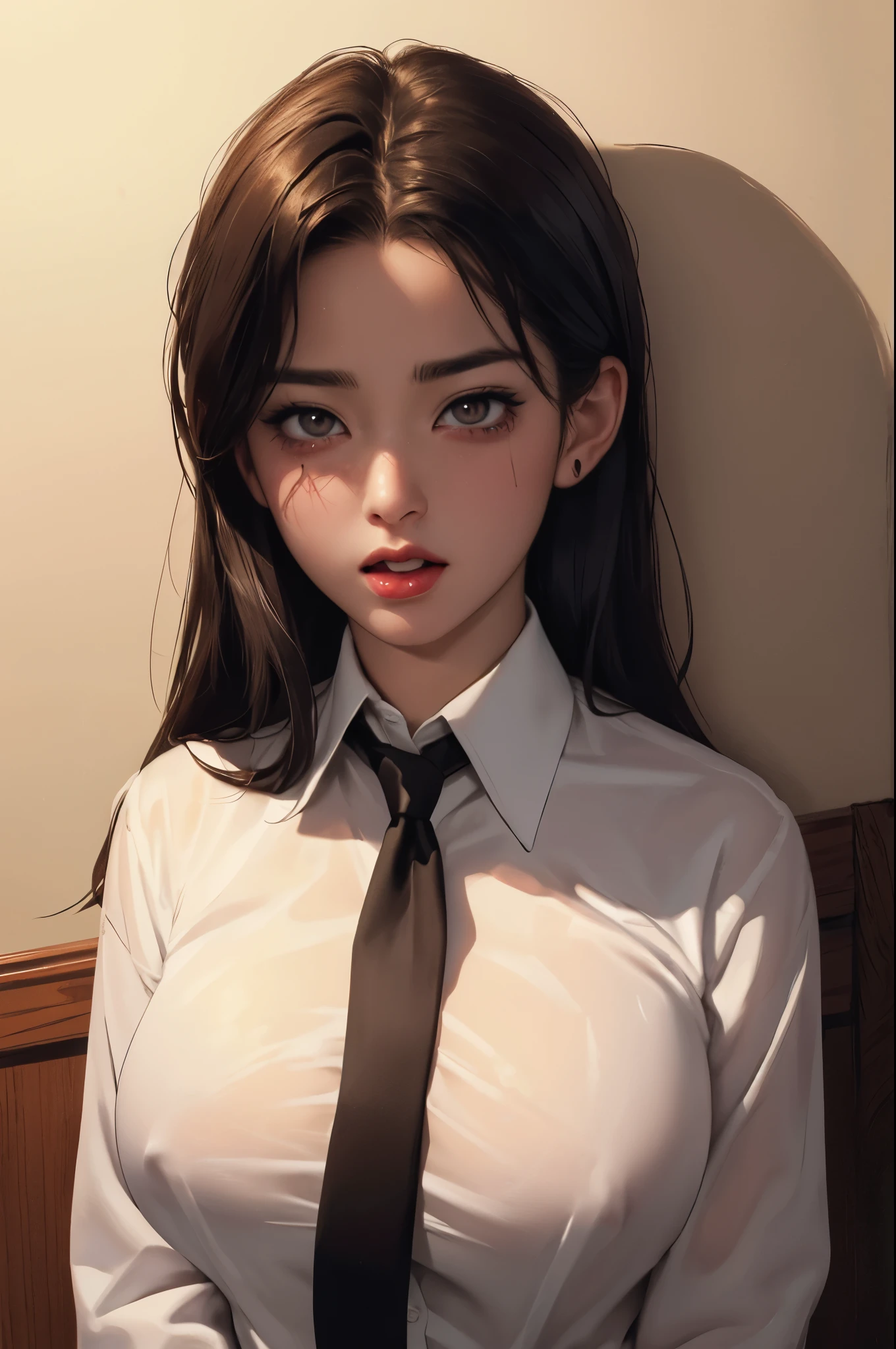 heart-shaped pupils，(sfw), (masterpiece:1.2), best quality, masterpiece, highres, original, extremely detailed wallpaper, (ultra-detailed), (best illustration), (best shadow), (Kobeni), big breasts, perky breasts, (white collared shirt), (blood stain:1.1), (horrified:1.2), (black necktie), (shirt stain), (stained), 1girl, looking at viewer, (scared:1.2), (tears:1.1), (brown eyes),tongue out, tongue, heart-shaped pupils