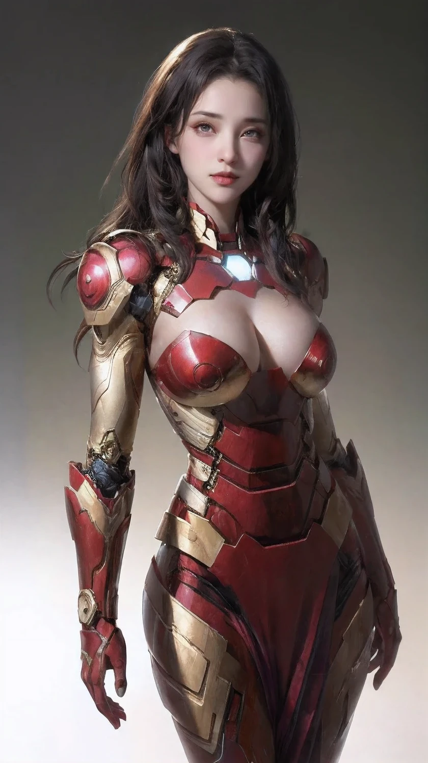 1girll, Solo,cowboy shot,[(Gradient background:1.5):0.3],simple background,Iron Man costume dress,Big breasts,