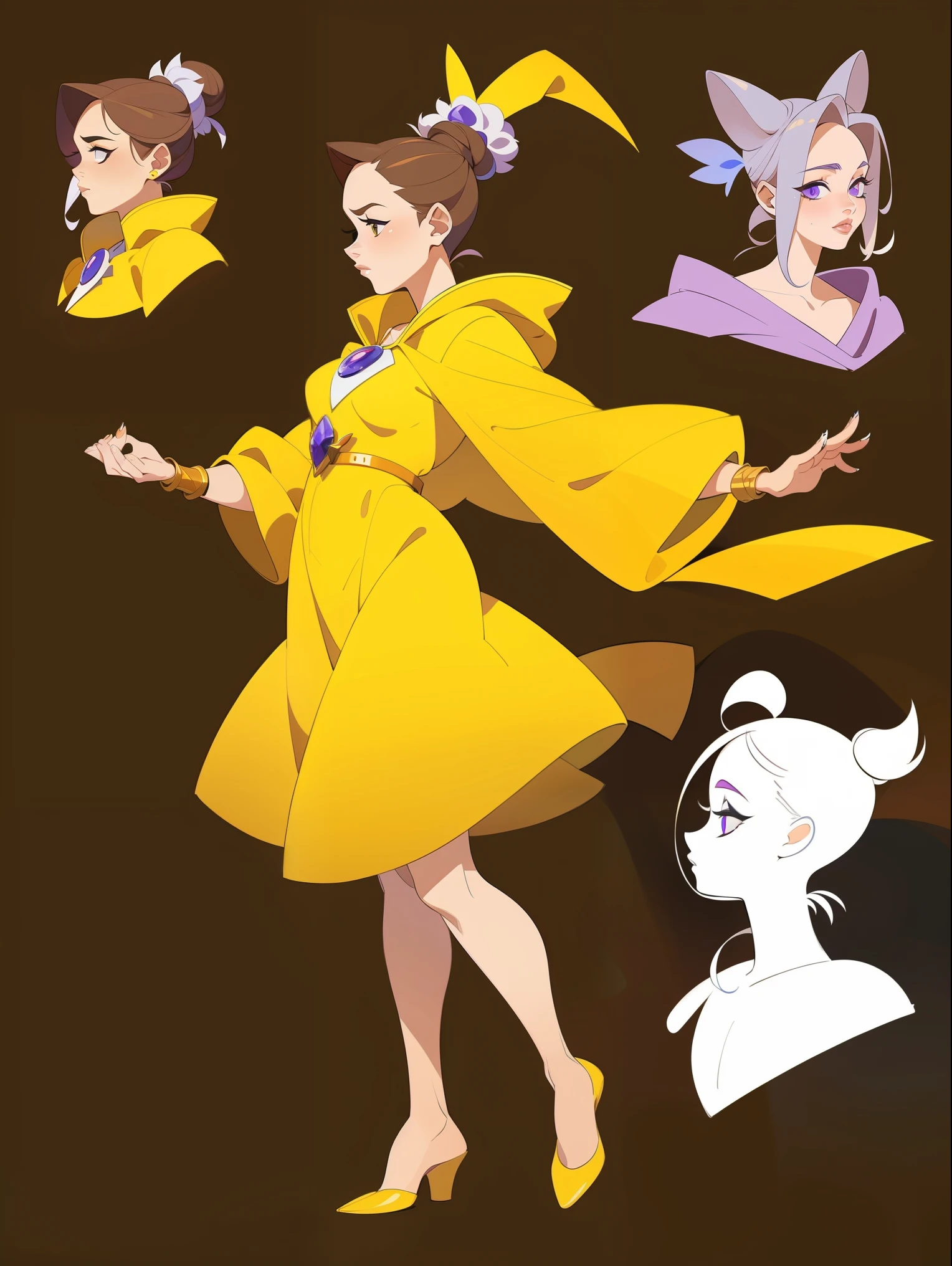 accept character concept, masterpiece, Best quality, 1 girl, short, dwarf, brown hair in a bun, yellow dress without jewelry, purple cloak, purple witch hat, sorceress, full body, character concept, character design, full body