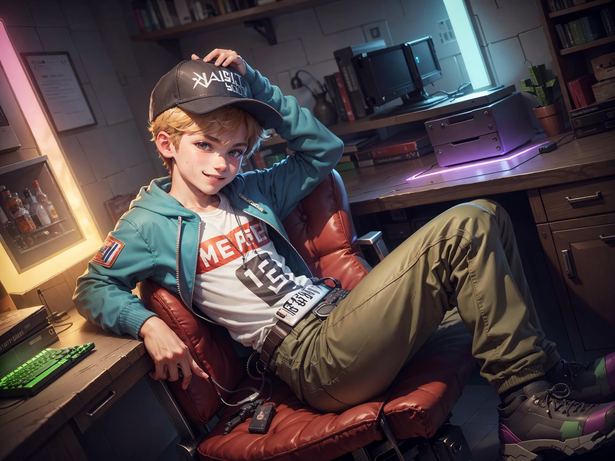 ((1 beautiful boy playing video games on a latest generation PC smiling and having fun, gorra en la cabeza;1,3)),(( jugador, in a room with many decorations, minicraft character dolls.:1.3, publicaciones que hacen minecraft))) ,claro, 32K high resolution image. The image must be super original and complex.., con una variedad de colores hermosos y vibrantes luces con letras de luces de neon colores vibrantes., Mejor calidad),