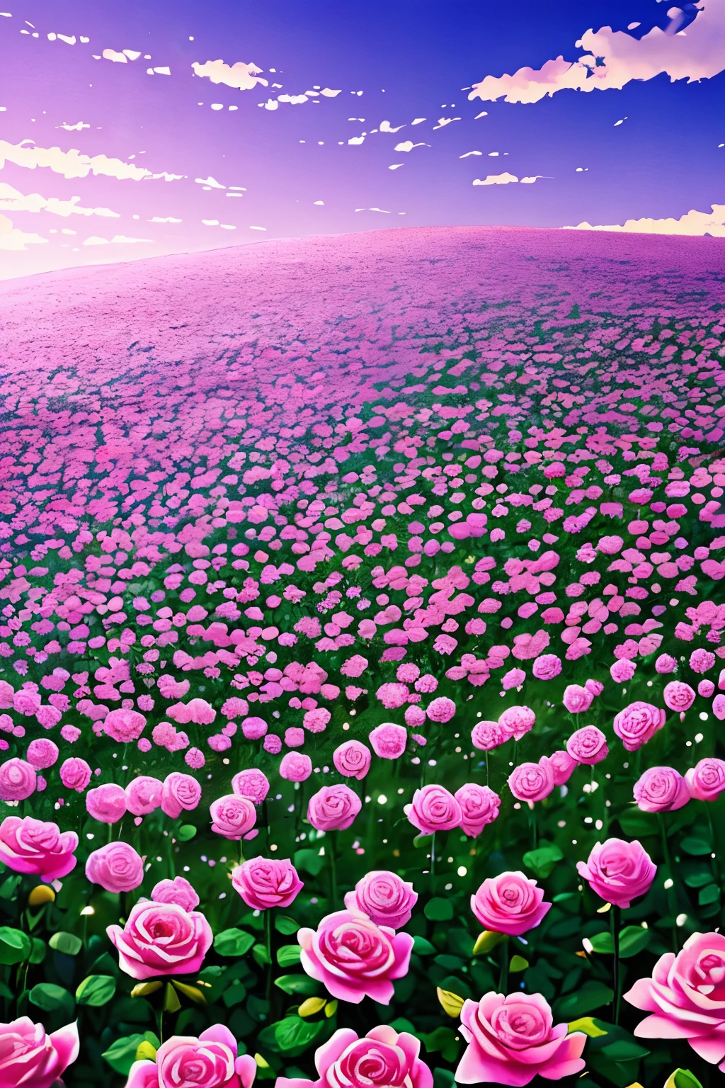 Pink roses in a field of green leaves under a blue sky - SeaArt AI