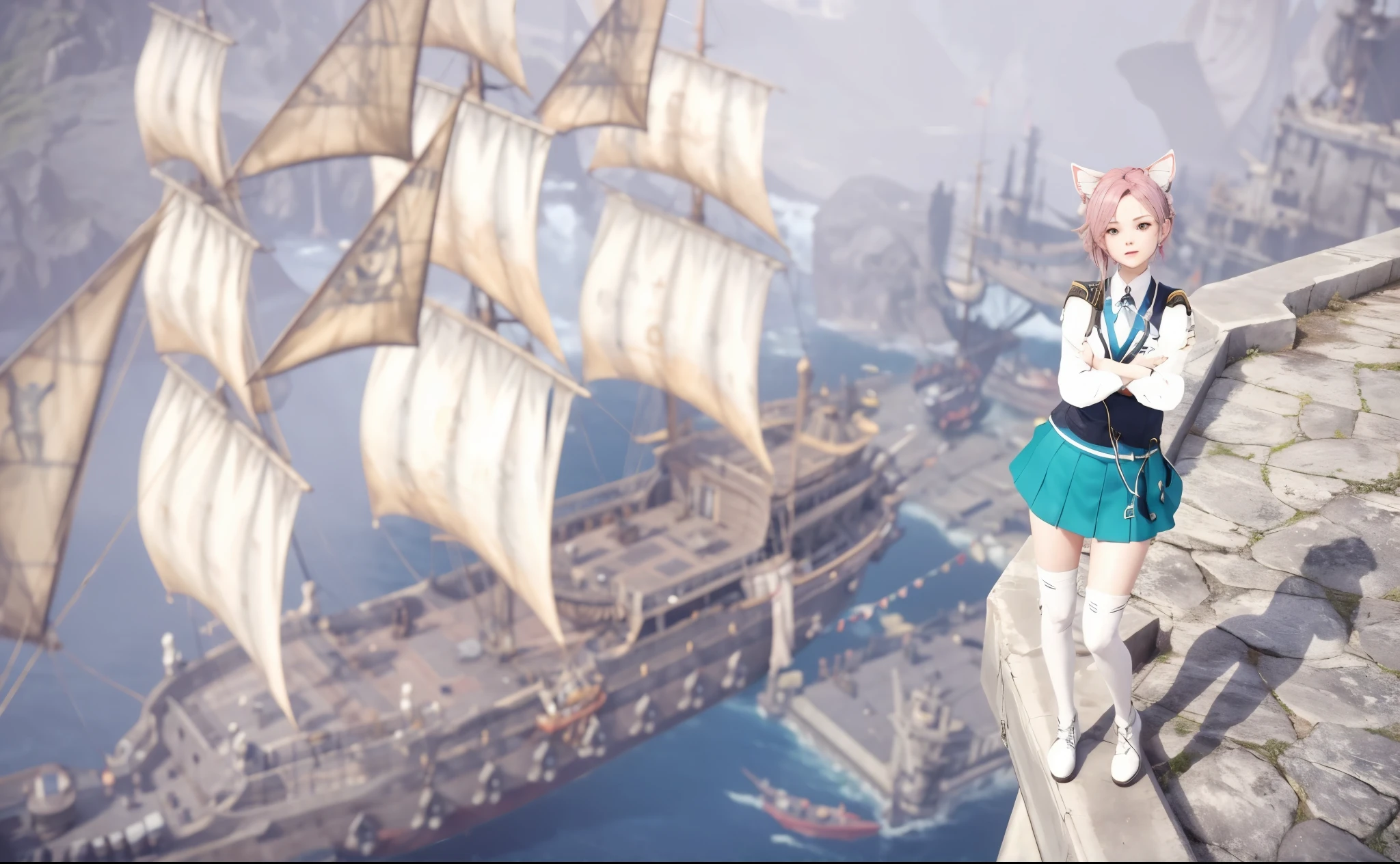 there is a girl standing on the ledge, Against the background of the ship, from the video game Azur Lane, Lazurny Lane style, By NCSOFT, Lulua Workshop, Beautiful screenshot, It was, Flying ships in the background, PC screenshot, characters from Azur Lane, standing on the deck of a ship, Atlantis in the background, in front of fantasy city