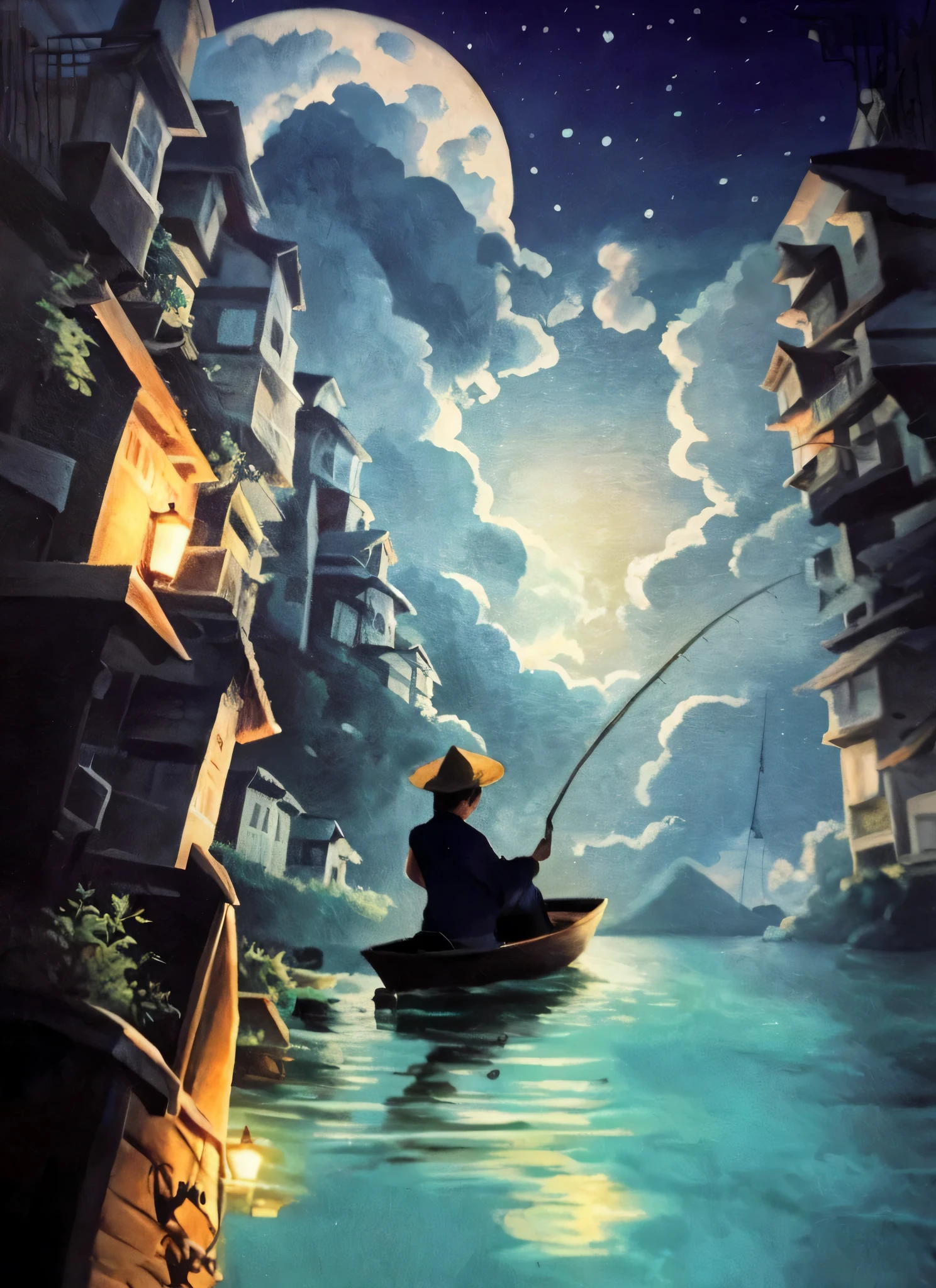 painting of a man in a boat fishing in a river at night, inspired by Cyril Rolando, makoto shinkai cyril rolando, cyril rolando and goro fujita, in style of cyril rolando, fishing town, cyril rolando and m.w kaluta, cyril rolando and m. w kaluta, inspired by Miyazaki