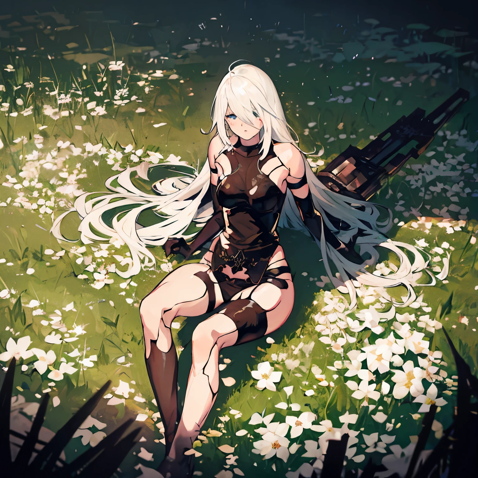 Nier 2B wiht A2, lying in a field of flowers