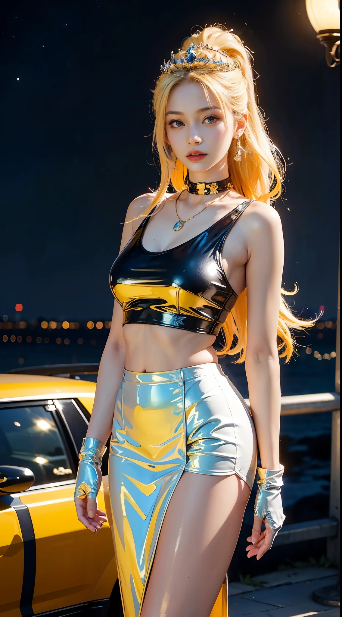 ((masterpiece:1.4)、(highest quality:1.4)、(realistic:1.7))、master piece:1.4、(Finest rendering:1.4)、beautiful girl、(beautiful girl戦士セーラームーン:1.4)、moon野うさぎ、Body fit sexy sailor warrior uniform、(shiny latex:1.4)、(The jacket is a white sleeveless sailor uniform....)、(Skirt Blue Sexy Ultra Ultra Pleated Mini Skirt)、There are two thin blue lines on the collar of the sailor uniform................、high leg swimwear、red cloth decoration on the chest、(wearing white gloves)、cute girl、Super beautiful、sharp focus、portrait photography:1.4、8k、realistic photo images:1.4、(perfect female body:1.4)、perfect proportions、(Upper body photography:1.4)、beautiful face、beautiful eyes、narrow waist、(9 life size beautiful style girl)、(足が長くスタイルの良いbeautiful girl:1.4)、beautiful feet、(yellow hair:1.4)、(long hair:1.2)、(ponytail:1.2)、beautiful breasts、big breasts:1.2、sexy butt、Raw photo、red lips、red high heels:1.4、choker:1.4、necklace:1.4、earrings:1.4、luxurious golden tiara:1.4、1 screen display、moon、universe、universe船、universeステーション、city of the future