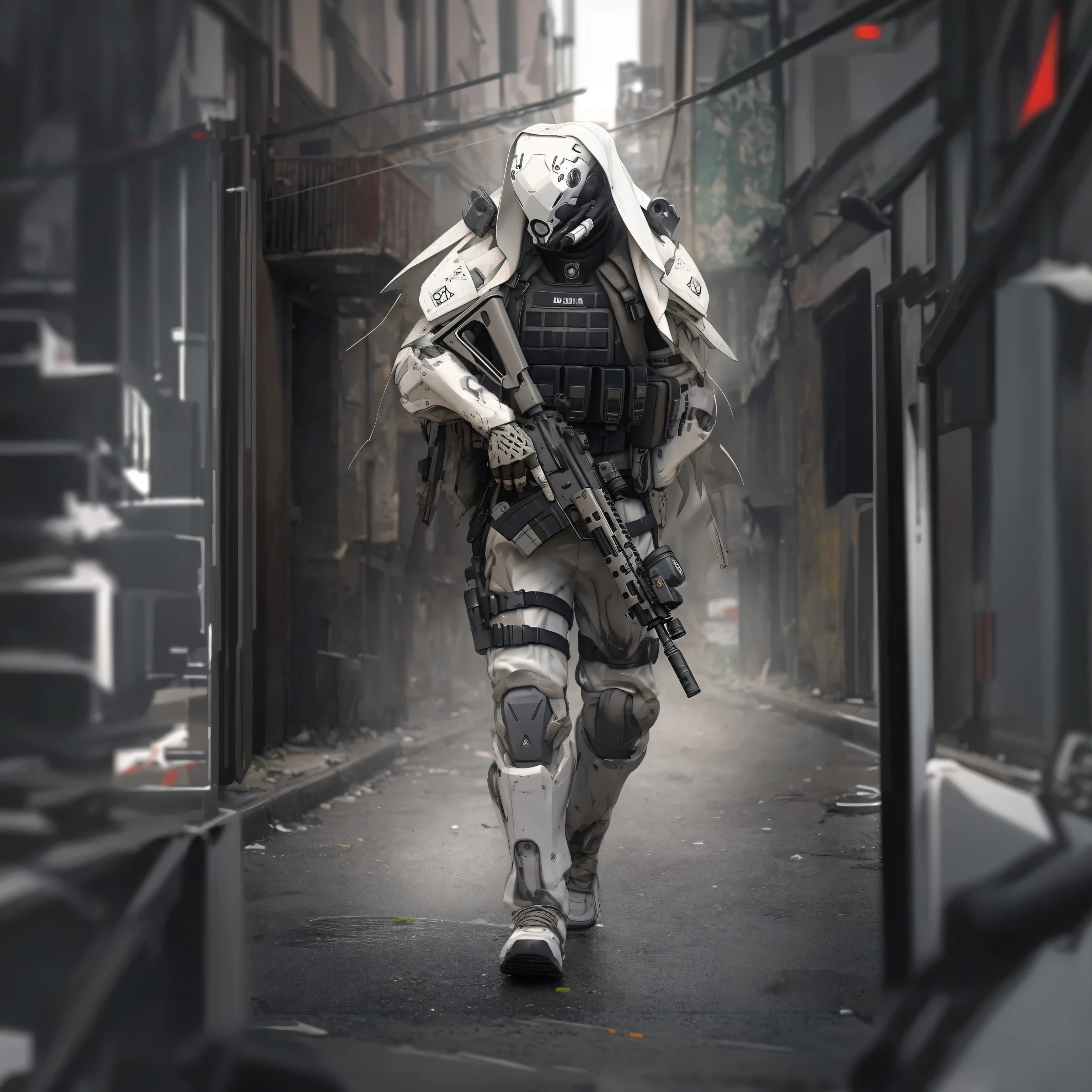 Militaire Ronin masculin avec une cagoule tactique noire, un chargement en noir et blanc, et HK 416 moderne et cyber-masque tout-en-un