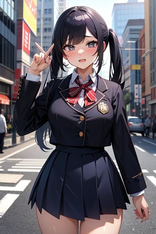 anime girl in school uniform posing in a city street, a character portrait inspired by Li Shida, trending on pixiv, digital art, fine details. girls frontline, girls frontline style, from girls frontline, magical school student uniform, female protagonist 👀 :8, anime visual of a cute girl, jk uniform, magic school uniform, detective clothes, kawacy, topless, hot, horny.