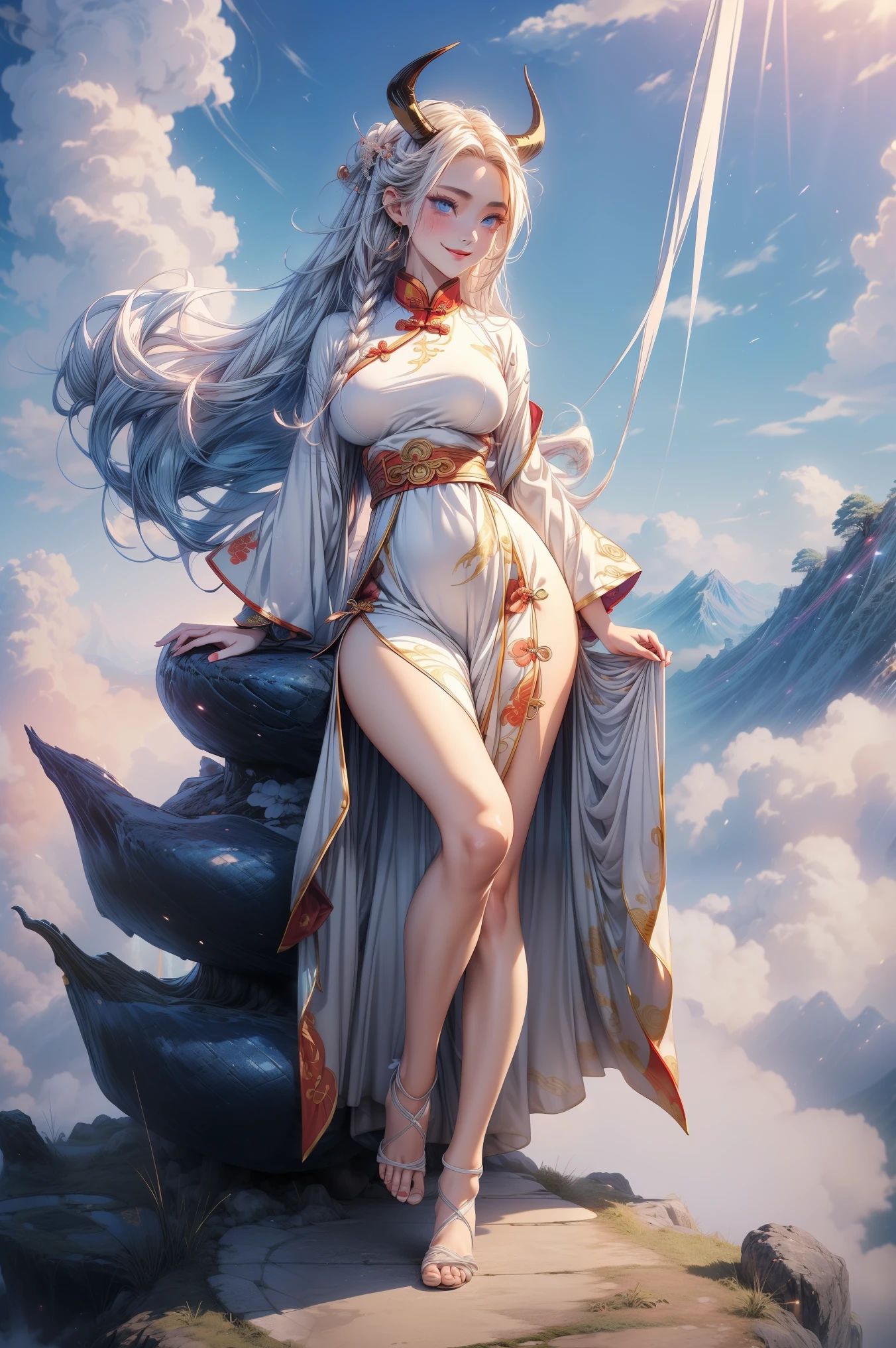 (best quality, masterpiece, ultra high resolution), (8k wallpaper, high-definition, HDR, RAW), (authenticity: 1.4), (full body shot), 1girl, ((Anime Chinese Goddess)), ((tall)), ((White flowing hair)), ((Pretty Anime Girl)), ((Beautiful Traditional Chinese garments)), ((Blue eyes)), ((pale skin)), long white wavy hair, amazing slim but curvy body, female curves, huge breasts, large breasts, long legs, thick thighs, sexy flat tummy, perfect hands, ((wearing thight dress)), ((Chinese details on clothes)), ((Eastern dragon horns)), bare foot, standing, ((Sexy smile)), ((On the top of a mountain, surrounded by clouds)), Blue mist, Natural illumination, sunlight illumination