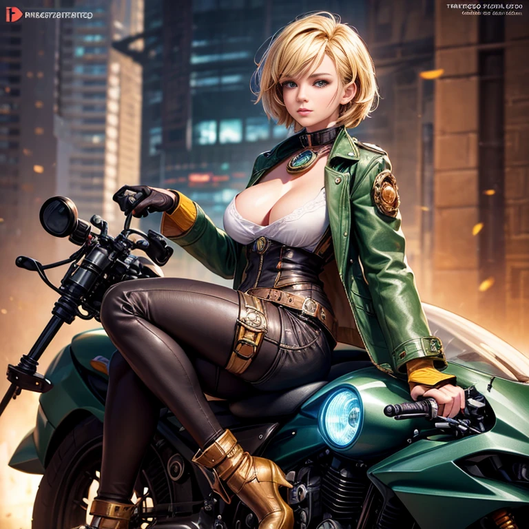 Model Colorful,SteampunkSchematic ,ember ((solo)) with blonde straight short hair , dressed in a green futuristic coat , sits behind the wheel of an unusual motorcycle of the future ! The wheels of the motorcycle are visible , Front light ,,((tmasterpiece)), ((beste-Qualit)) ,(tmasterpiece)), ((beste-Qualit)), Bright colors !? ..3d / photo realism / ,hight resolution,Masterpiece:1.2),Ultra-detailed,(Realistic,Photorealistic,photo-realistic:1.37),,An abundance of colors, breasts little big, Bright colors ,Highly detailed,soft-lighting,