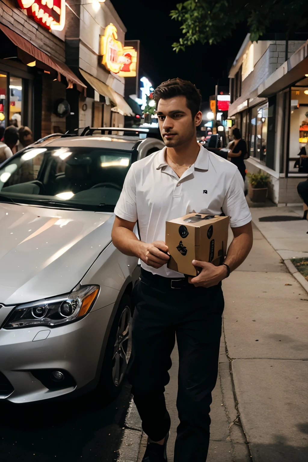a guy walking out of a car parked in a drive through restaurant with package on his hand