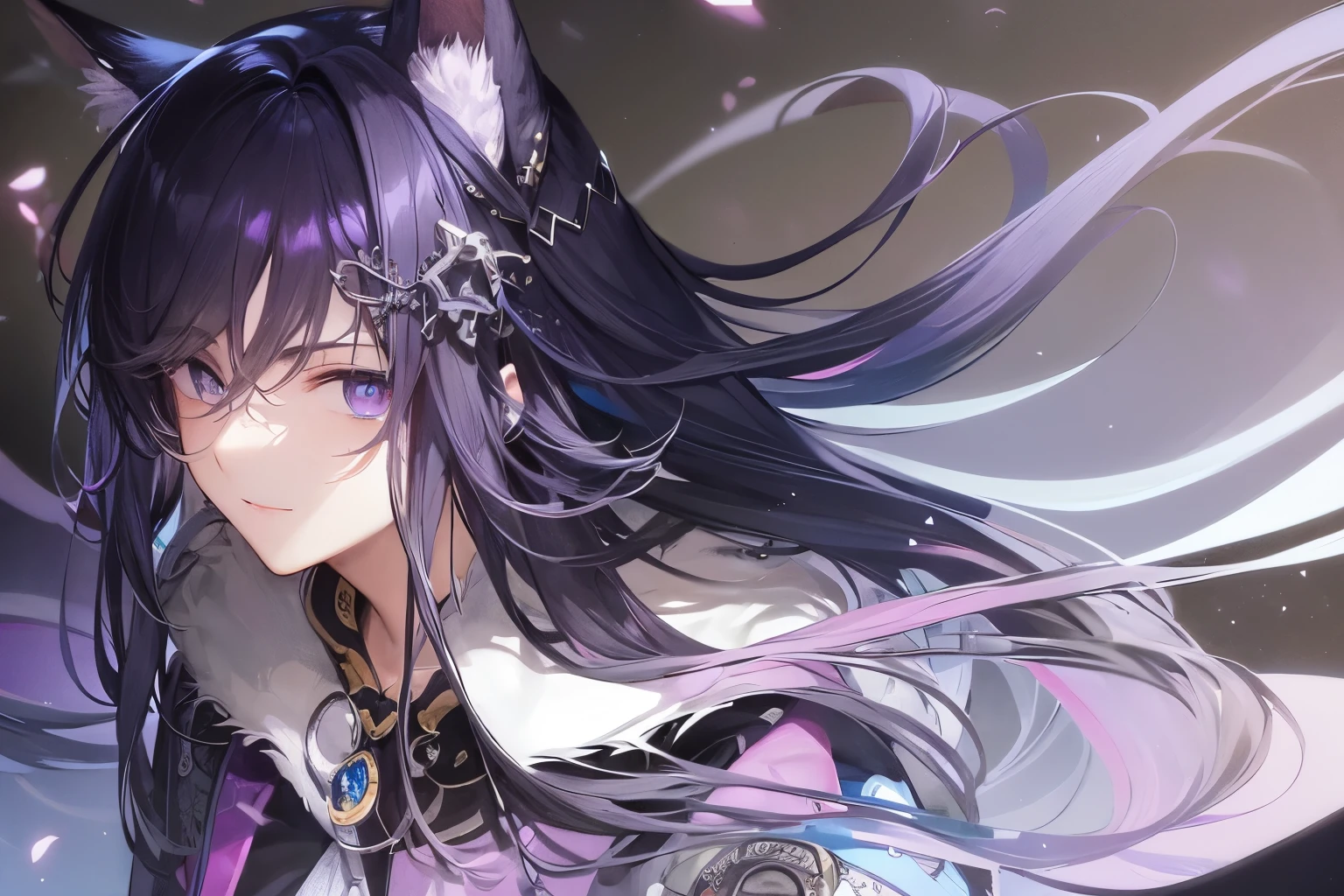 Guy, beautiful facial features, a soft, calm smile, foxy dark blue eyes without glare, white and dark purple long hair, fantasy black fit suit with blue and purple elements, lots of silver jewelry, flowers in his hair