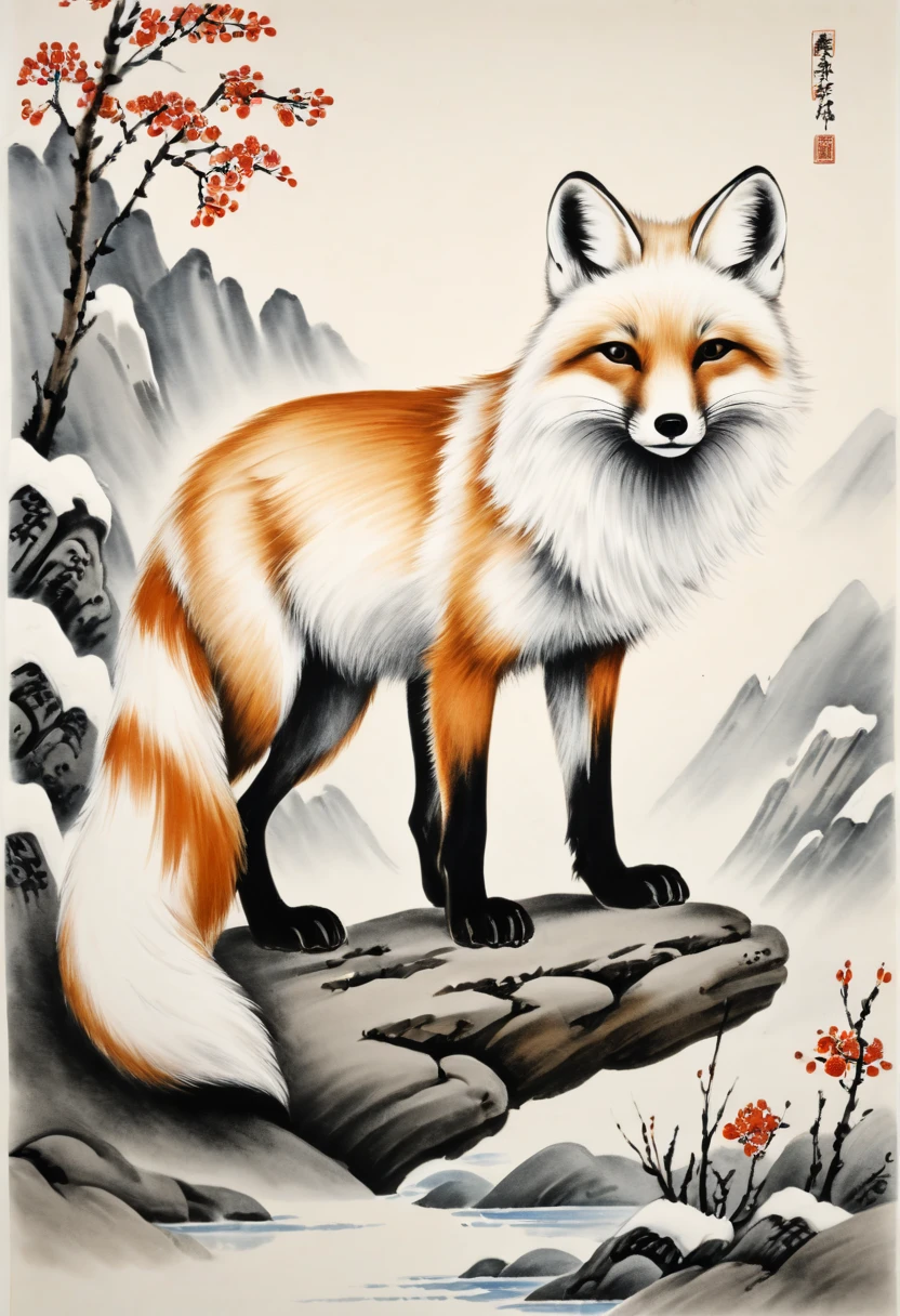 white fox by Qi Baishi, arctic, best quality, masterpiece, Representative work, official art, Professional, Ultra intricate detailed, 8k