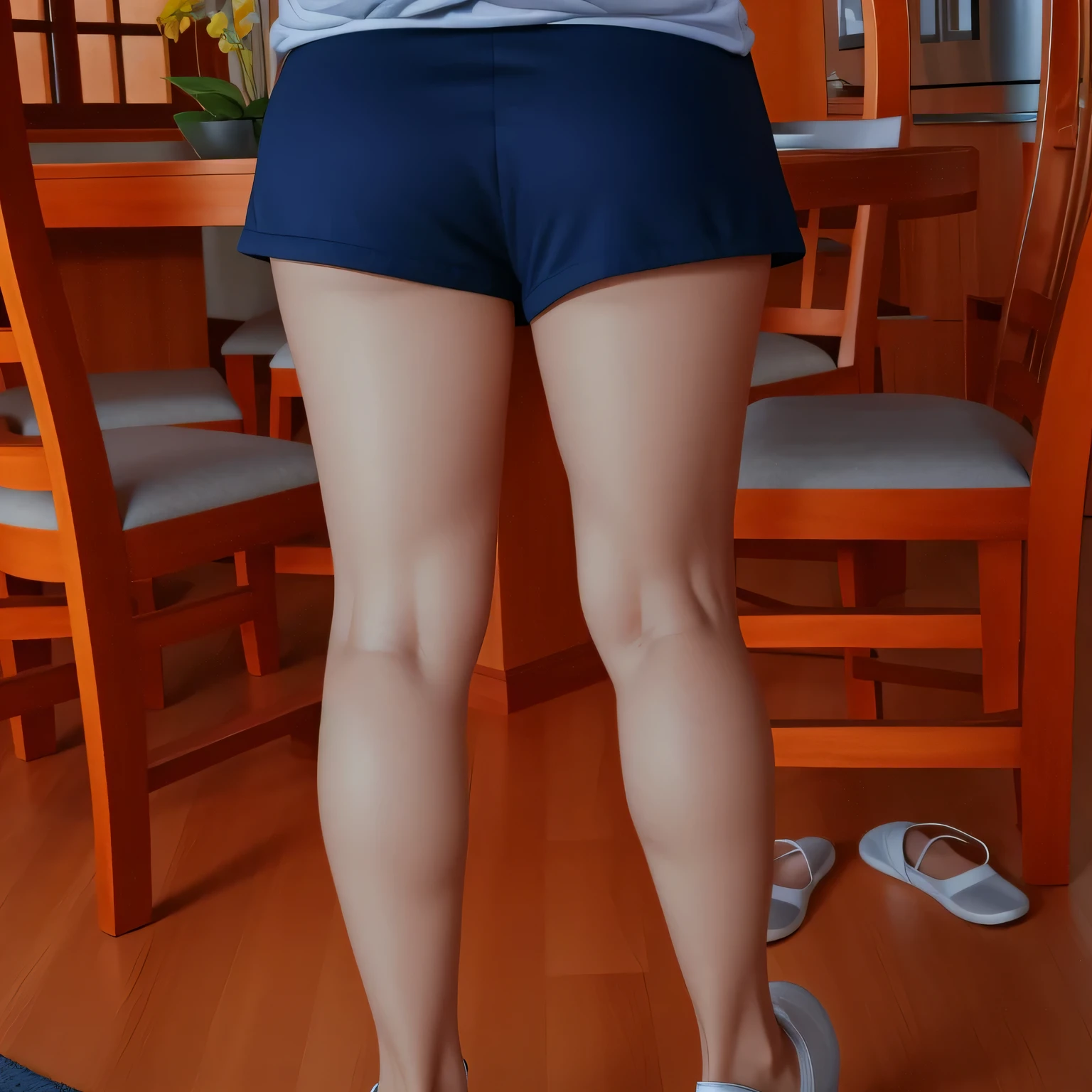 there is a woman standing on a wooden floor with her legs crossed, joelhos dobrados, pernas grossas, visible legs, tiro traseiro, close nas pernas, foto ainda da vista posterior, tiro na perna e quadril, detailed legs hovering over you, uhd foto sincera de sujo, pernas curtas, coxas de perto, legs and arms, pernas suculentas