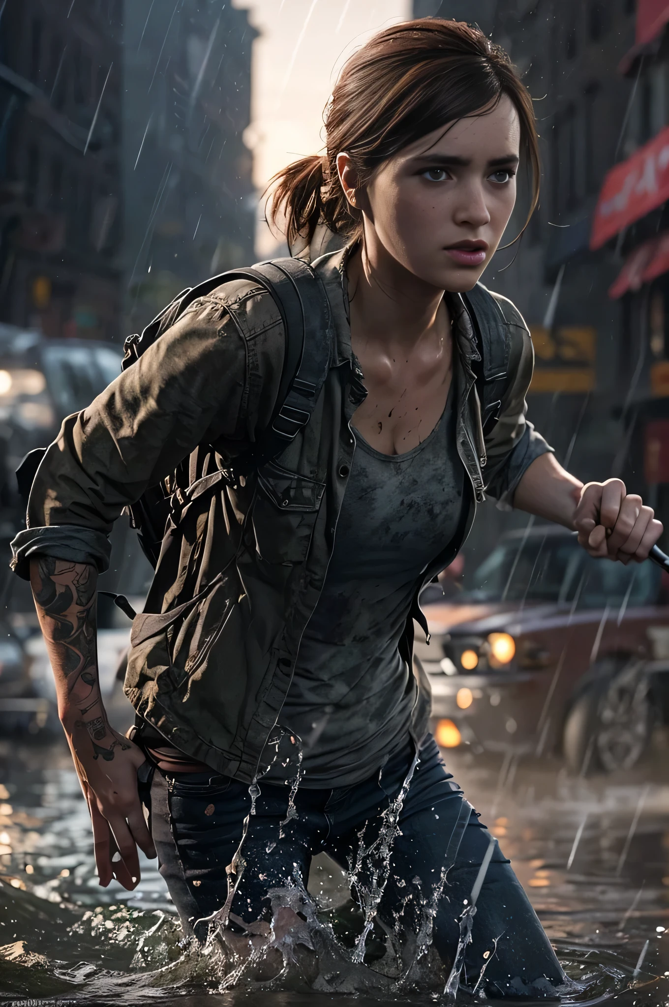 (Ellie the last of us 2), a Masterpiece half body shot, an american dark brown 18 years old girl with freckles running in the water, blue eyes, slender slim body, very small breasts, pale skin, wet body, very detailed face, freckles on face, escaping, frightened, running away, dynamic pose, in an overflooded manhattan street at night, the last of us 2 background, apocalyptic environment, the last of us 2 vibes, thunderstorm, lightnings, wind, waves, catastrophic lightning, Ultra realistic photography, UHD, 8k, sharp photography, wide angle