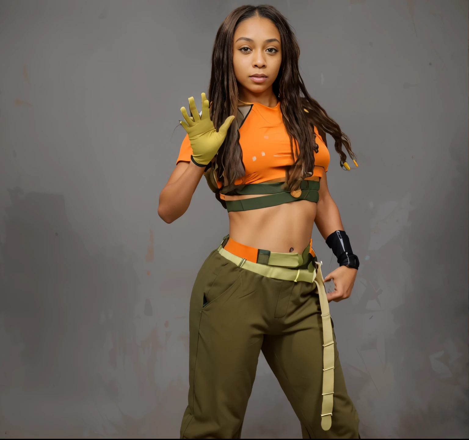 ((masterpiece, best quality)), a light skin black woman with brown long dreadlocks in a tan glove orange wrestling top orang left arm sleeve  and green baggy pants with a tan belt and black wrist band, realistic face, realistic body, photo realistic, intricate details