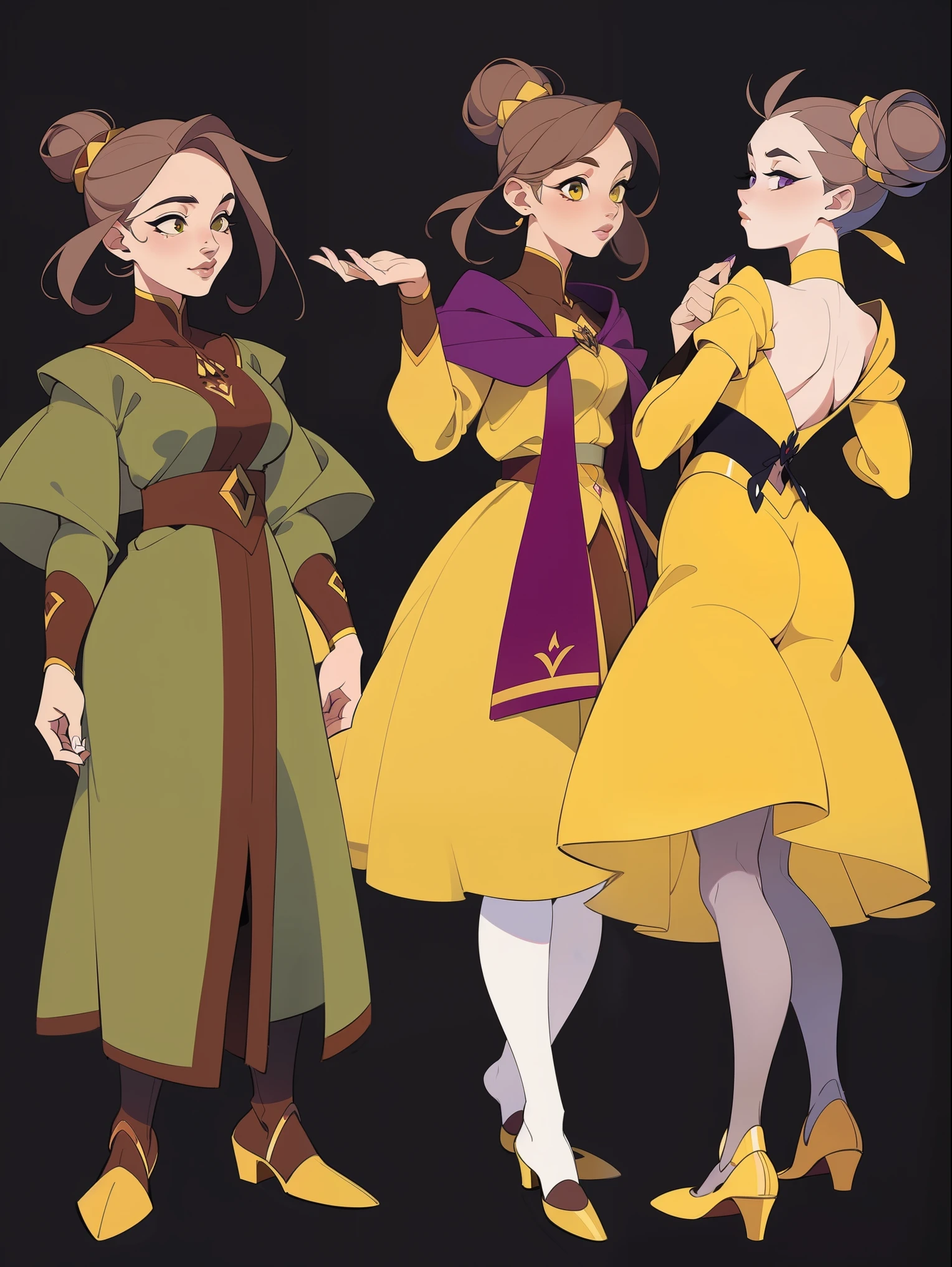 accept character concept, masterpiece, Best quality, 1 girl, short, dwarf, brown hair in a bun, yellow dress without jewelry, purple cloak, purple witch hat, sorceress, full body, character concept, character design, full body