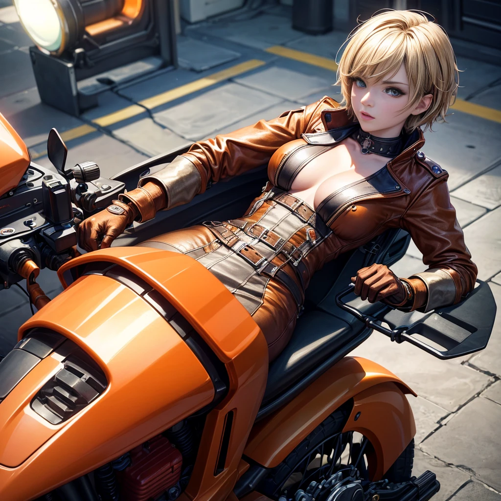 Model Colorful,SteampunkSchematic ,ember ((solo)) with blonde straight short hair , dressed in a orange futuristic coat , sits behind the wheel of an unusual motorcycle of the future ! The wheels of the motorcycle are visible , Front light ,,((tmasterpiece)), ((beste-Qualit)) ,(tmasterpiece)), ((beste-Qualit)), Bright colors !? ..3d / photo realism / ,hight resolution,Masterpiece:1.2),Ultra-detailed,(Realistic,Photorealistic,photo-realistic:1.37),,An abundance of colors, breasts little big, Bright colors ,Highly detailed,soft-lighting,