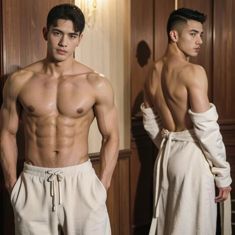 1 jovem do sexo masculino, refer ence sheet, (design de personagens de fantasia, testa, back, lado) macho, Handsome, alto, corpo muscular, Cabelos Longos, cabelos brancos, Abs, Clothes of the Asian God, folha de design de personagem