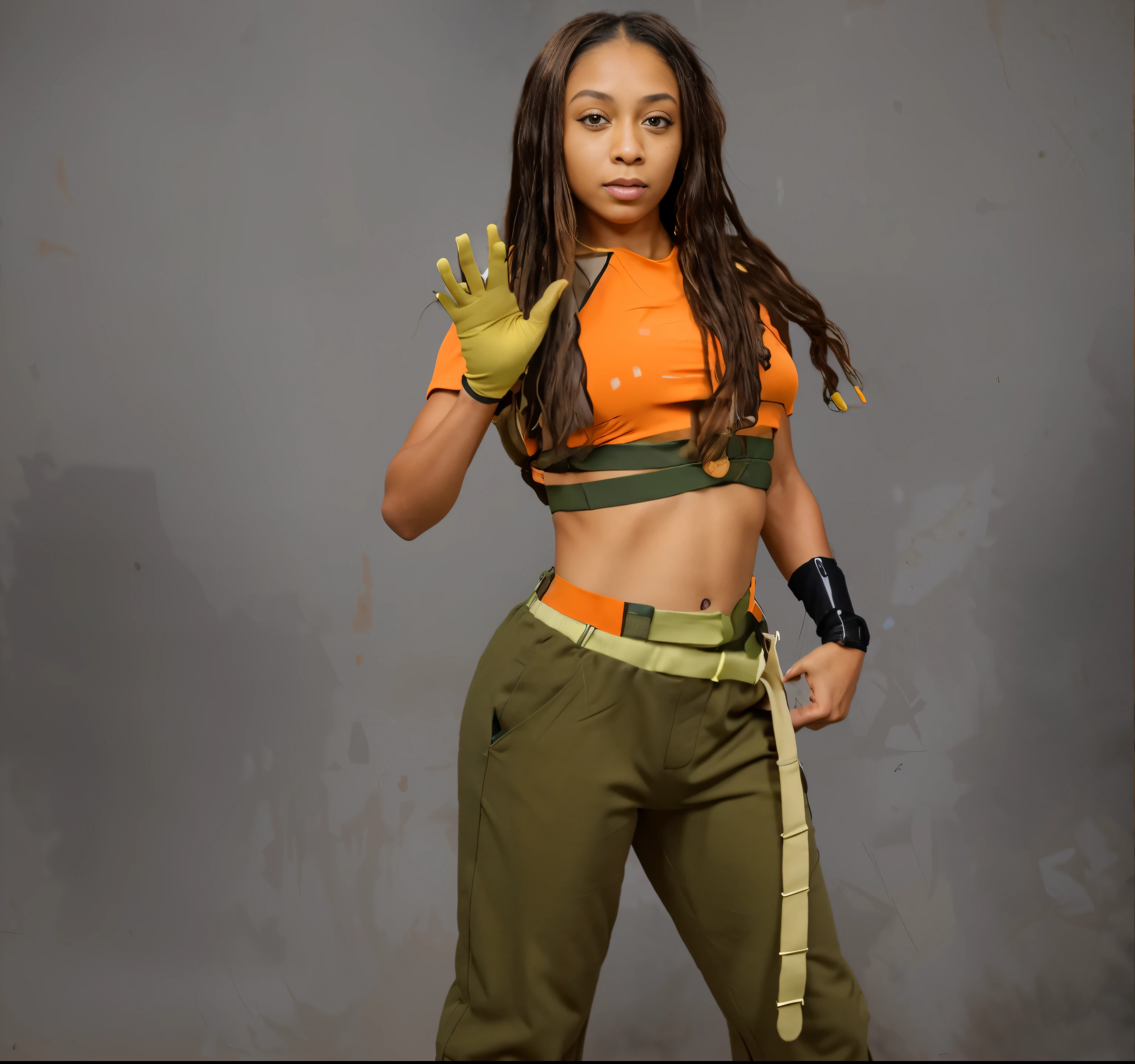 ((masterpiece, best quality)), a light skin black woman with brown long dreadlocks in a tan glove orange wrestling top orang left arm sleeve  and green baggy pants with a tan belt and black wrist band, realistic face, realistic body, photo realistic, intricate details